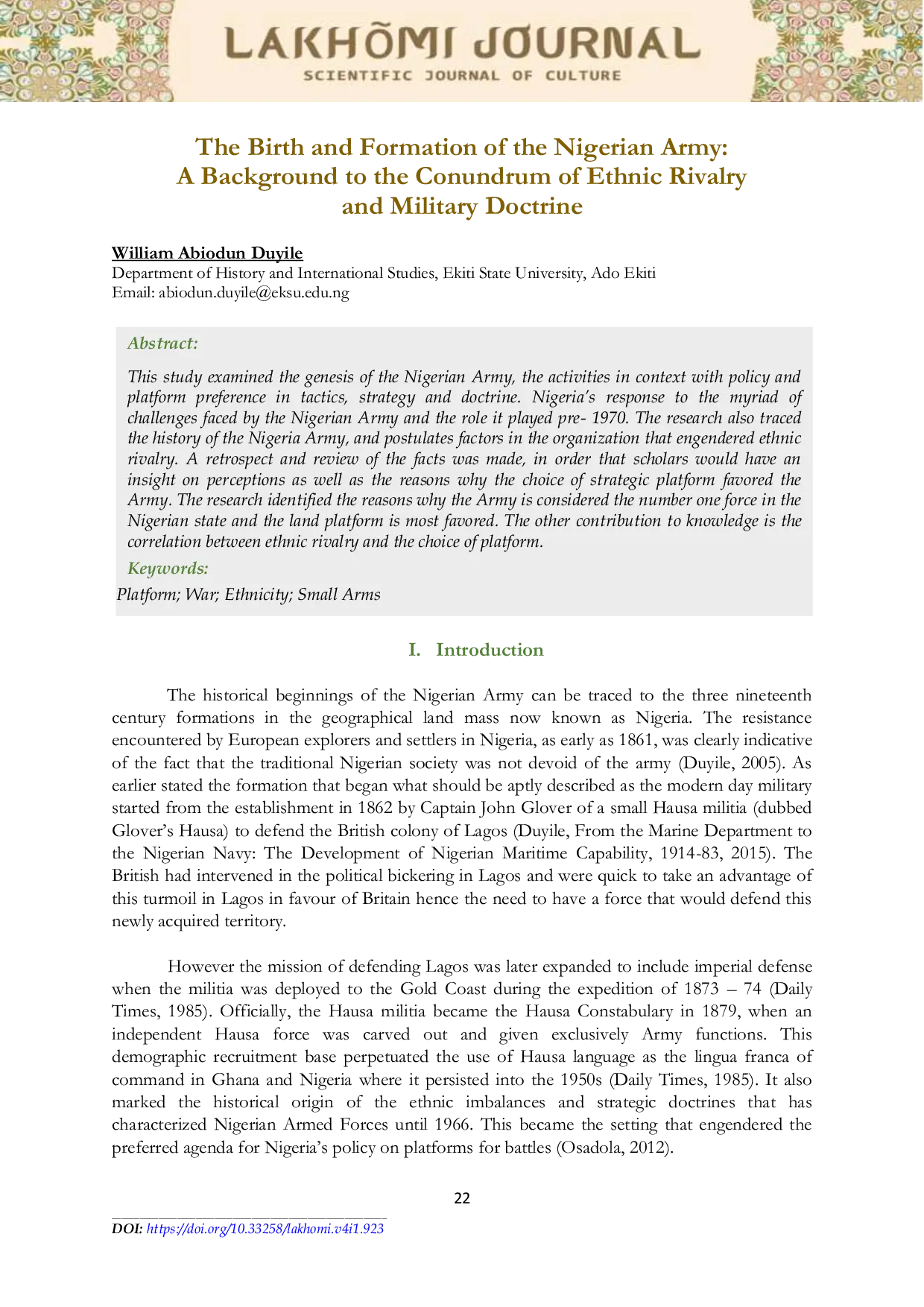JURIS The Birth and Formation of the Nigerian Army A Background to the Conundrum of Ethnic Rivalry and Military Doctrine