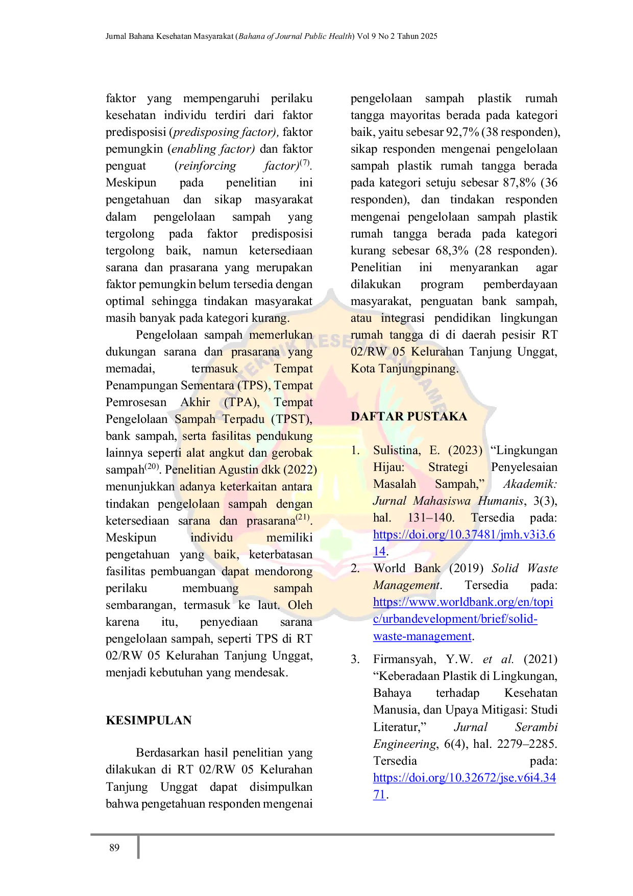 JURIS Coastal Community Behavior Towards Plastic Waste Management in Tanjung Unggat Village Tanjungpinang City