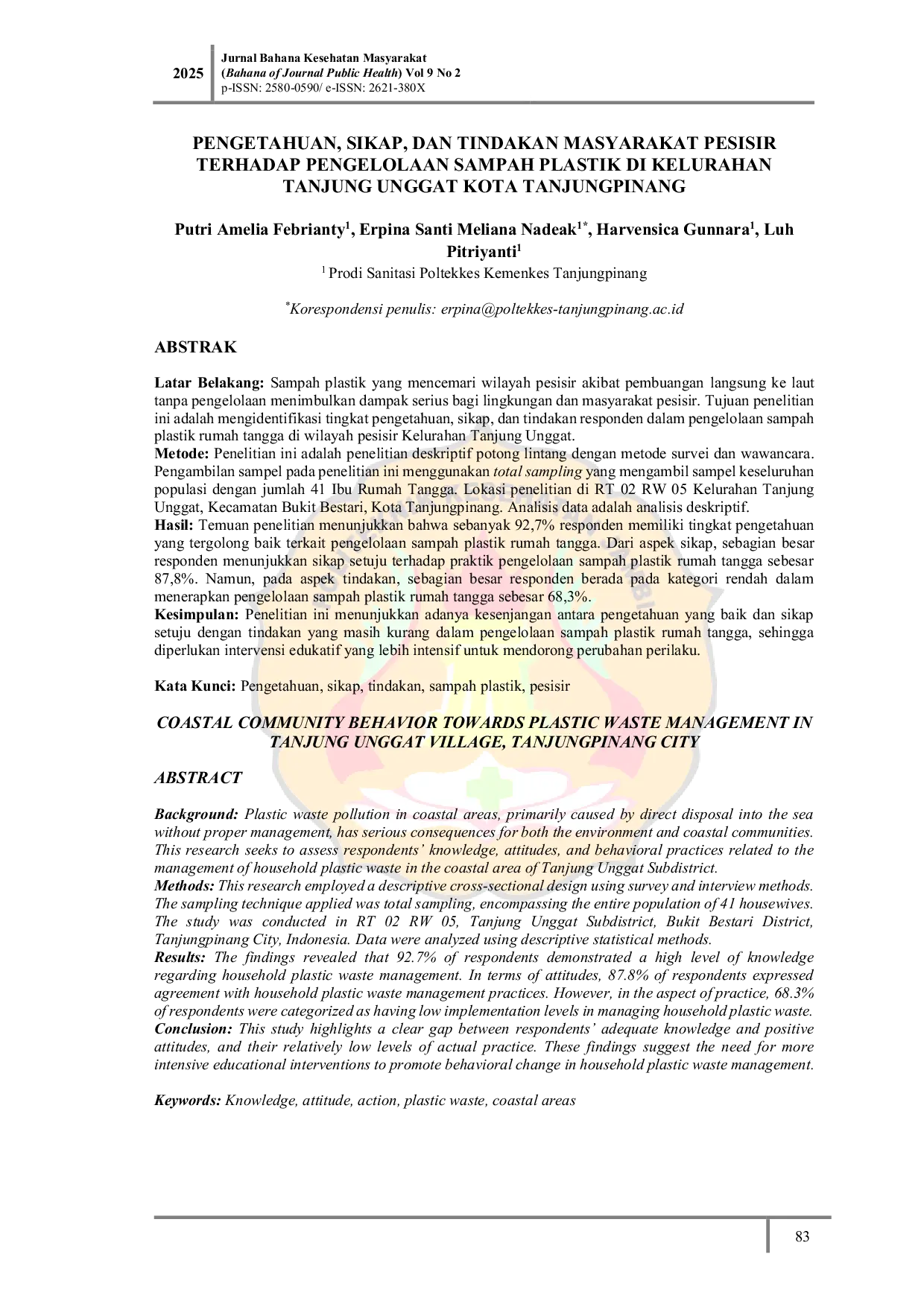 JURIS Coastal Community Behavior Towards Plastic Waste Management in Tanjung Unggat Village Tanjungpinang City