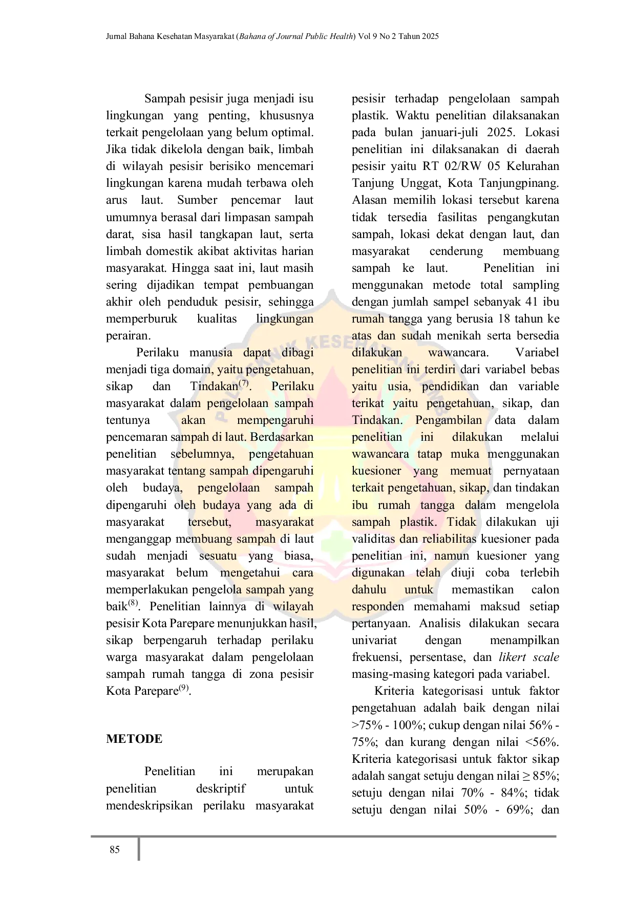 JURIS Coastal Community Behavior Towards Plastic Waste Management in Tanjung Unggat Village Tanjungpinang City