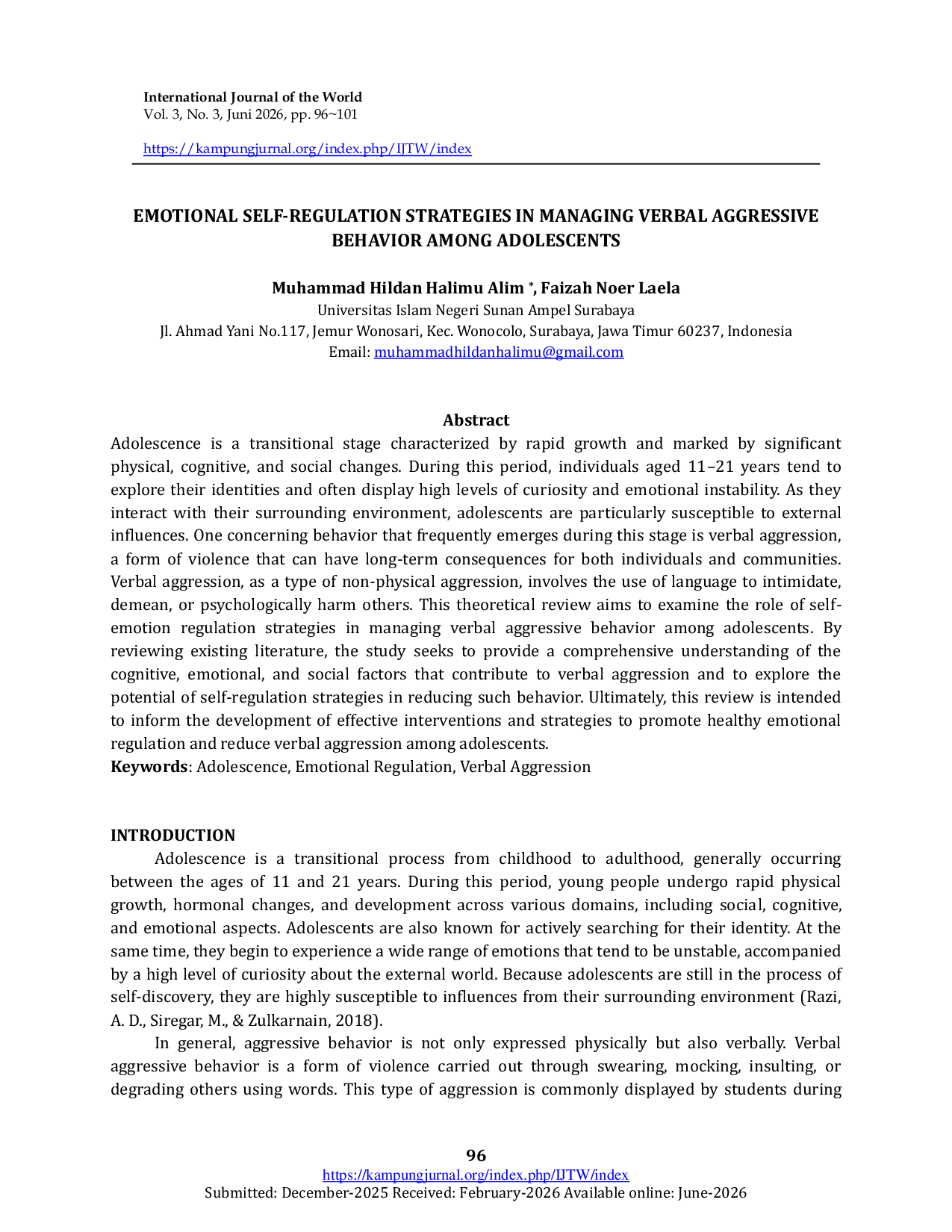JURIS EMOTIONAL SELF REGULATION STRATEGIES IN MANAGING VERBAL AGGRESSIVE BEHAVIOR AMONG ADOLESCENTS