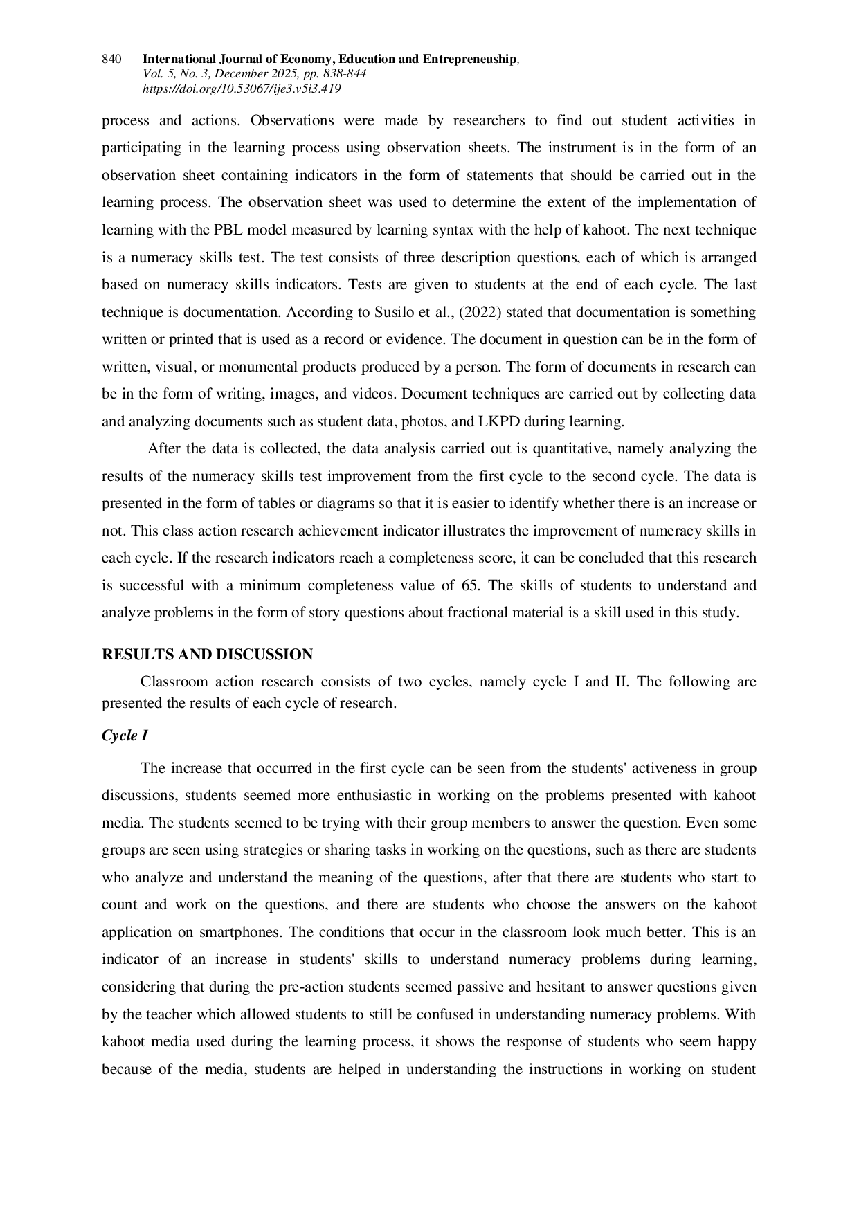 JURIS Implementation Of Kahoot Assisted Problem Based Learning Model To Improve Numeracy Skills A Case Study Of Fractional Materials