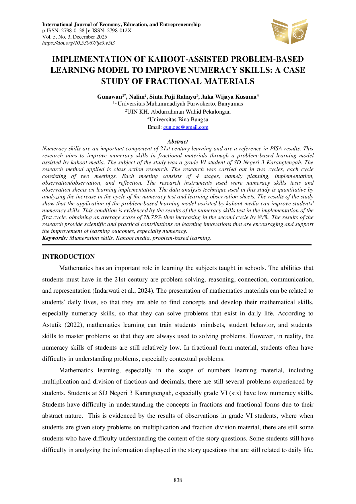 JURIS Implementation Of Kahoot Assisted Problem Based Learning Model To Improve Numeracy Skills A Case Study Of Fractional Materials