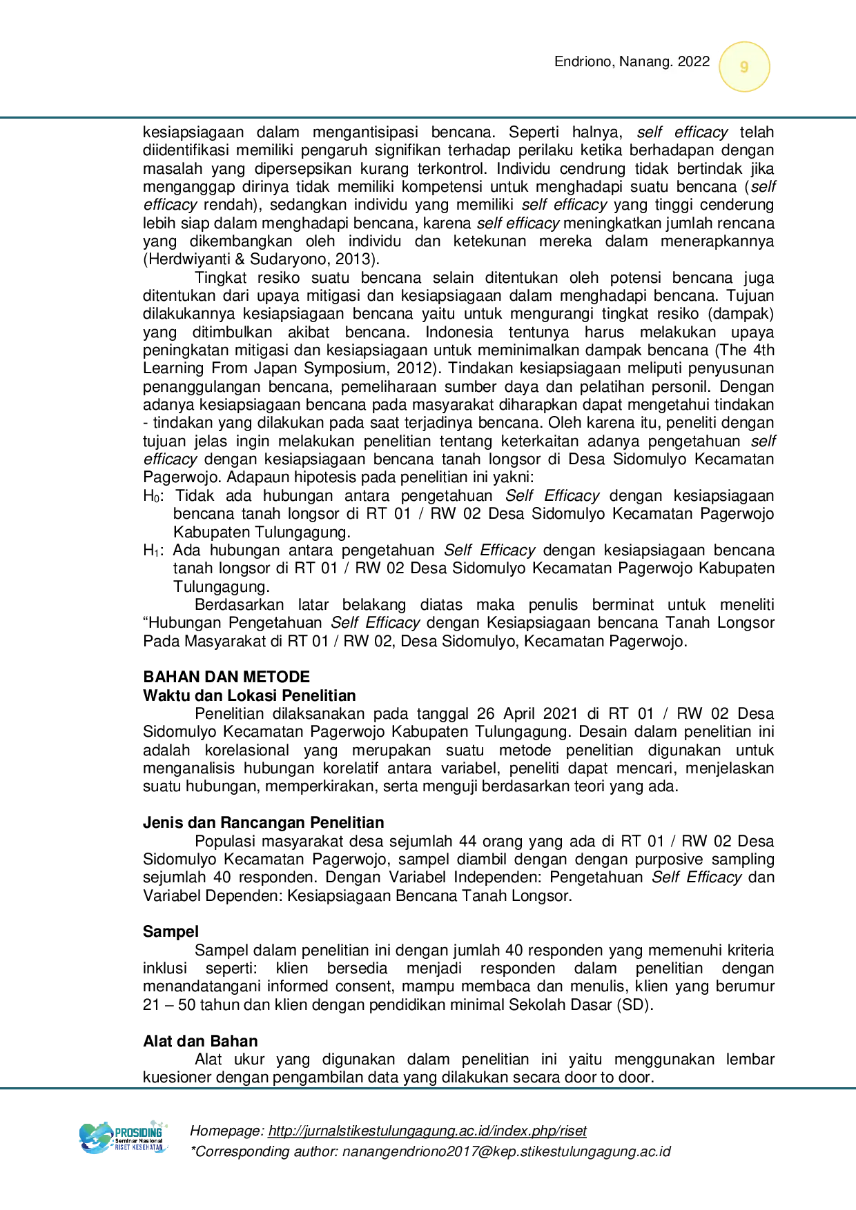 JURIS Hubungan Pengetahuan Self Efficacy Dengan Kesiapsiagaan Bencana Tanah Longsor Pada Masyarakat Di RT 01 RW 02 Desa Sidomulyo Kecamatan Pagerwojo Kabupaten Tulungagung Tahun 2021