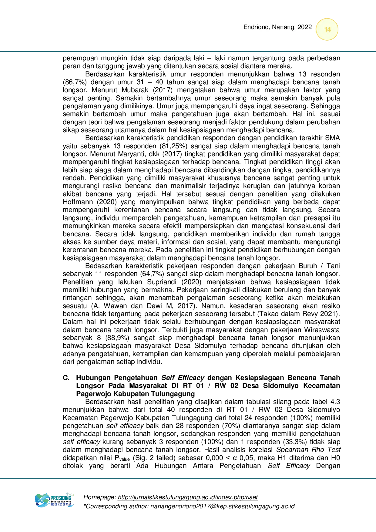 JURIS Hubungan Pengetahuan Self Efficacy Dengan Kesiapsiagaan Bencana Tanah Longsor Pada Masyarakat Di RT 01 RW 02 Desa Sidomulyo Kecamatan Pagerwojo Kabupaten Tulungagung Tahun 2021