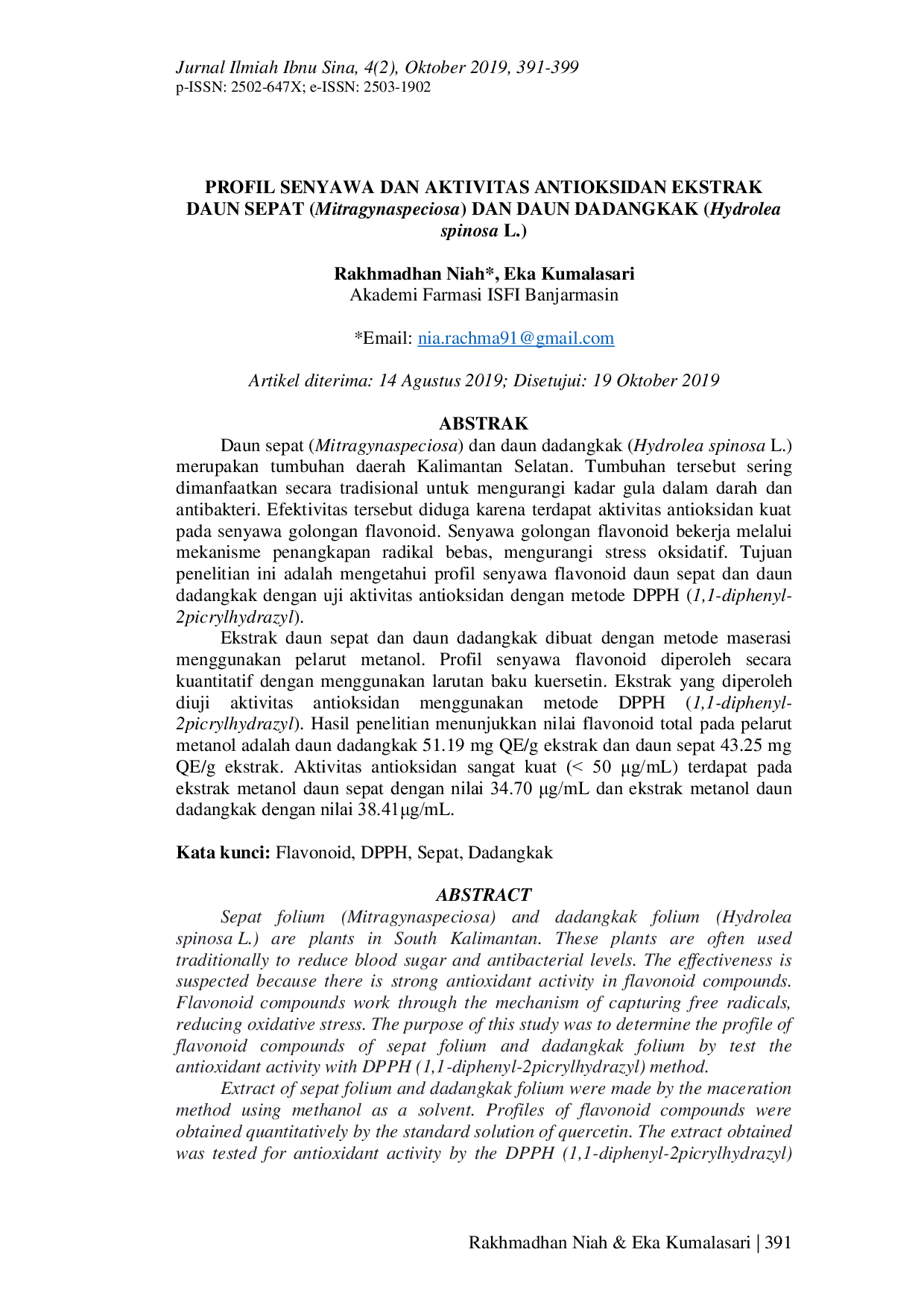JURIS PROFIL SENYAWA DAN AKTIVITAS ANTIOKSIDAN EKSTRAK DAUN SEPAT Mitragynaspeciosa DAN DAUN DADANGKAK Hydrolea spinosa L
