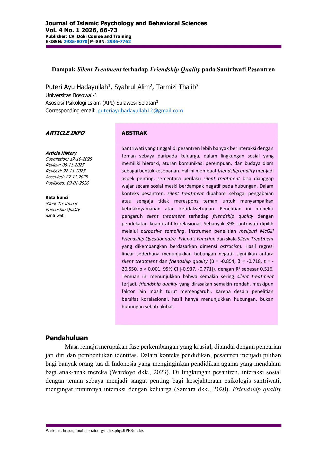 JURIS Dampak Silent Treatment terhadap Friendship Quality pada Santriwati Pesantren