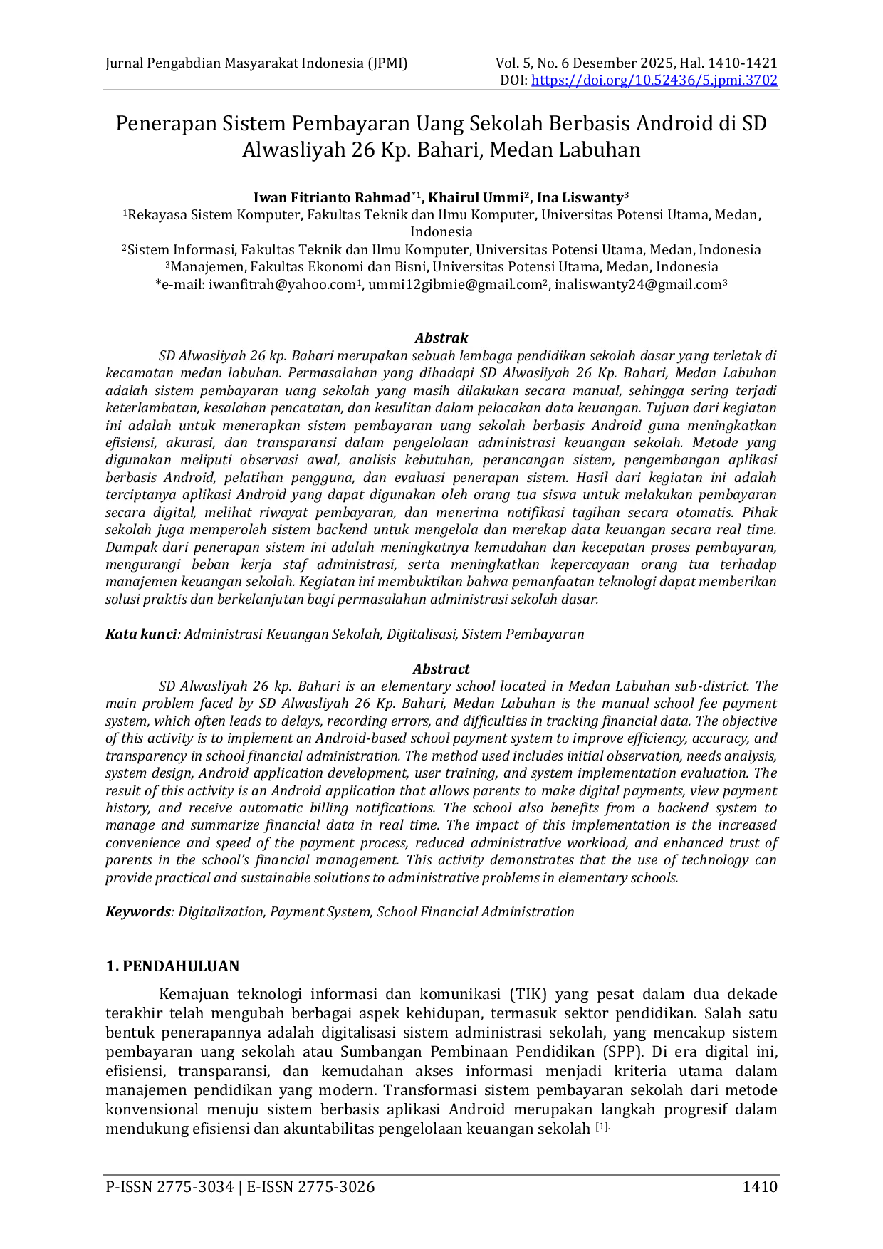 JURIS Penerapan Sistem Pembayaran Uang Sekolah Berbasis Android di SD Alwasliyah 26 Kp Bahari Medan Labuhan