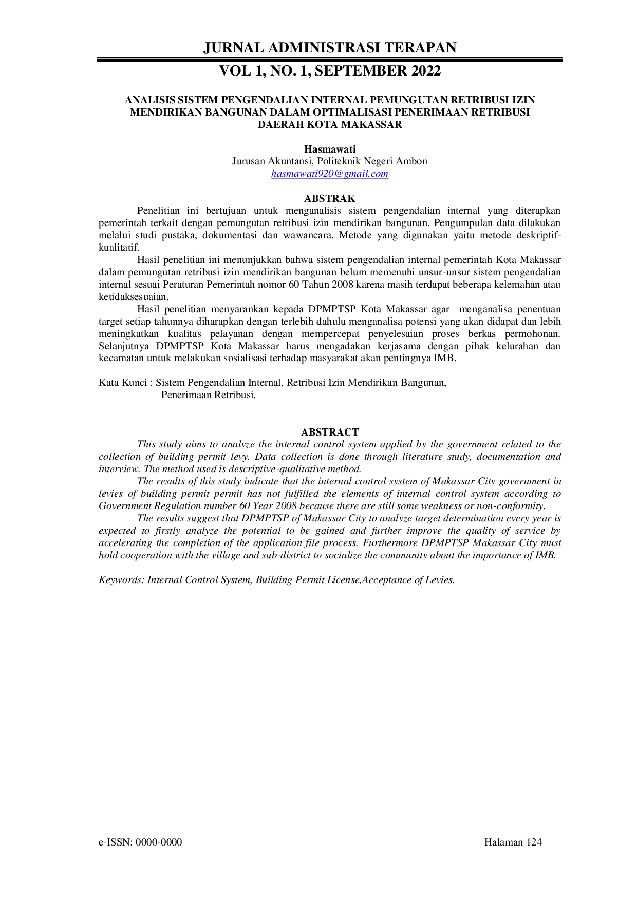 JURIS Analisis Sistem Pengendalian Internal Pemungutan Retribusi Izin Mendirikan Bangunan dalam Optimalisasi Penerimaan Retribusi Daerah Kota Makassar