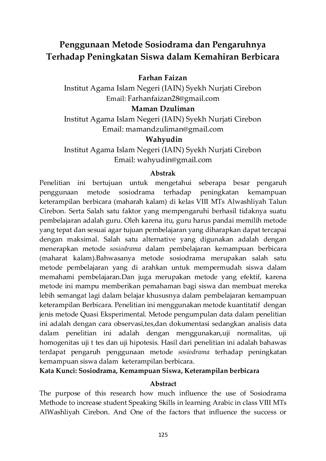 JURIS Penggunaan Metode Sosiodrama dan Pengaruhnya Terhadap Peningkatan Siswa dalam Kemahiran Berbicara