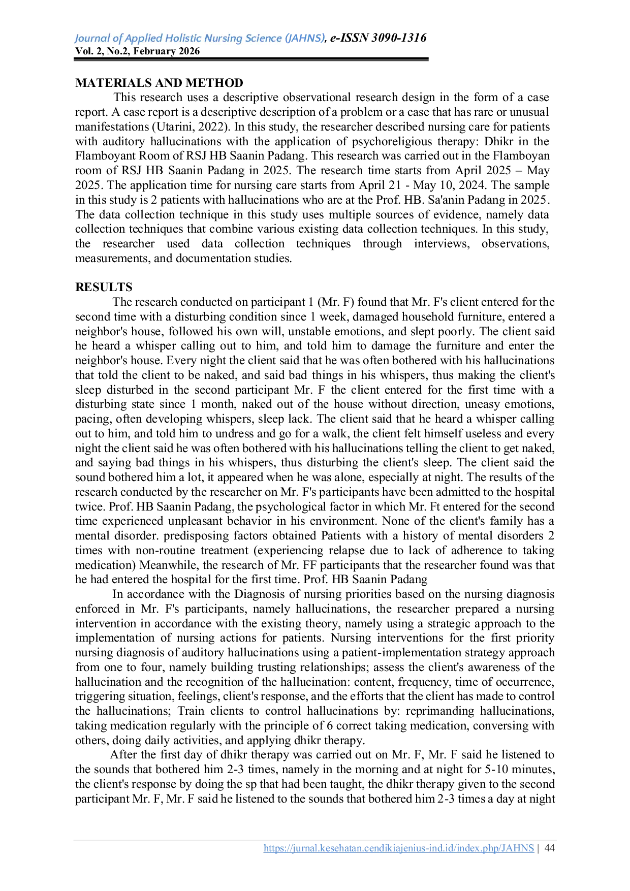 JURIS Application of Psychoreligious Therapy Dhikr in Mental Health Nursing Care for Auditory Hallucination Patients