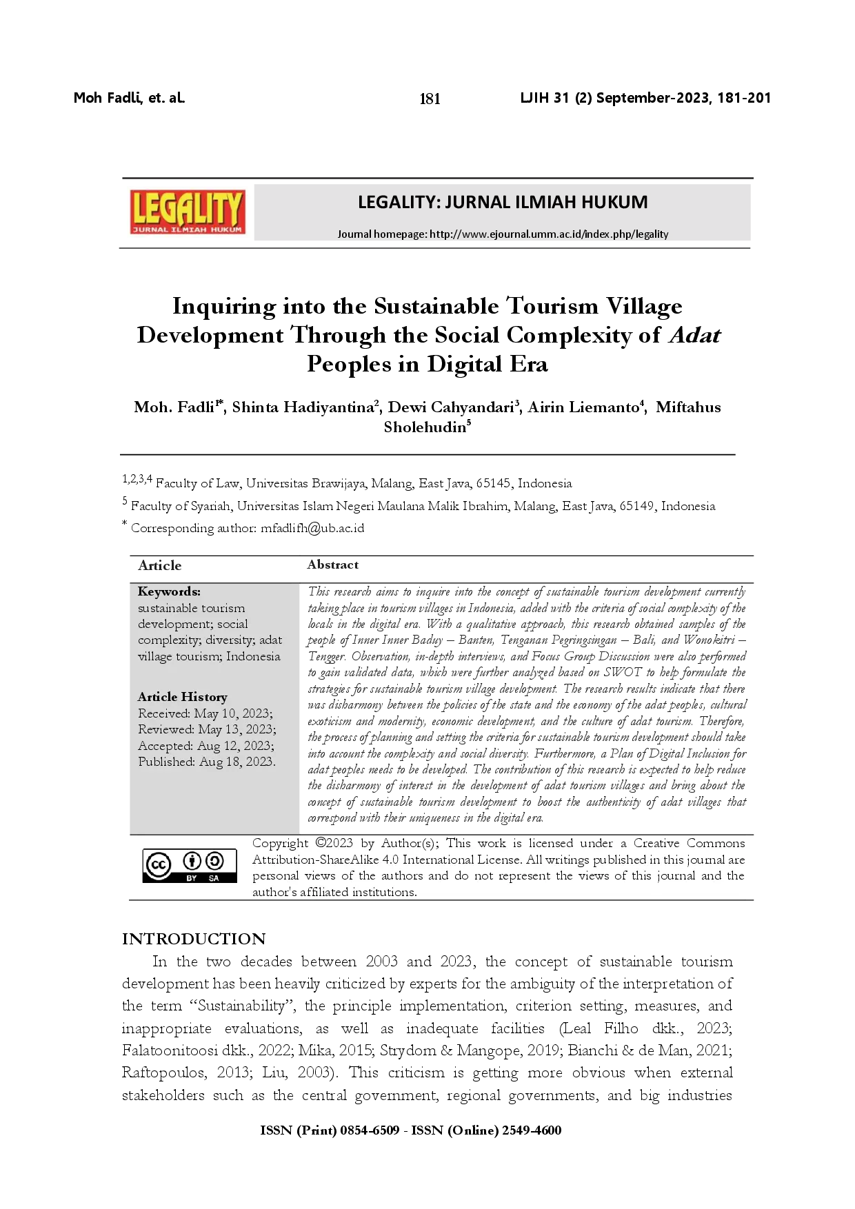 juris Inquiring into the sustainable tourism village development through the social complexity of adat peoples in digital era