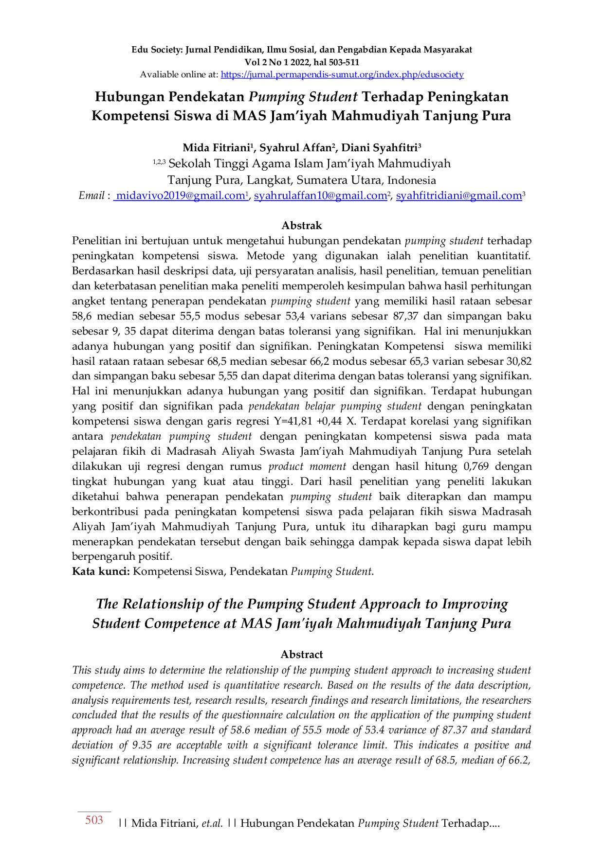 JURIS Hubungan Pendekatan Pumping Student Terhadap Peningkatan Kompetensi Siswa di MAS Jam iyah Mahmudiyah Tanjung Pura