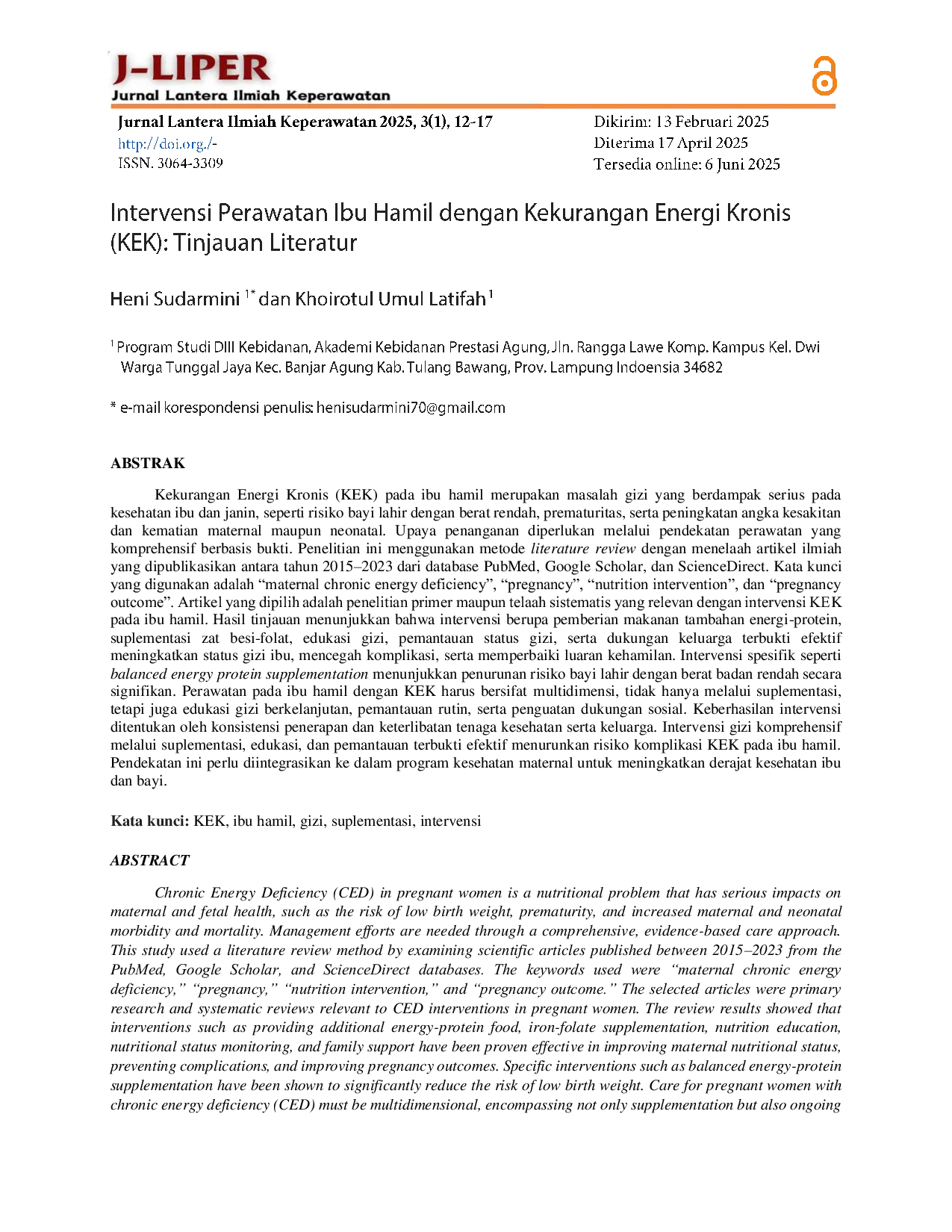 JURIS Intervensi Perawatan Ibu Hamil dengan Kekurangan Energi Kronis KEK Tinjauan Literatur