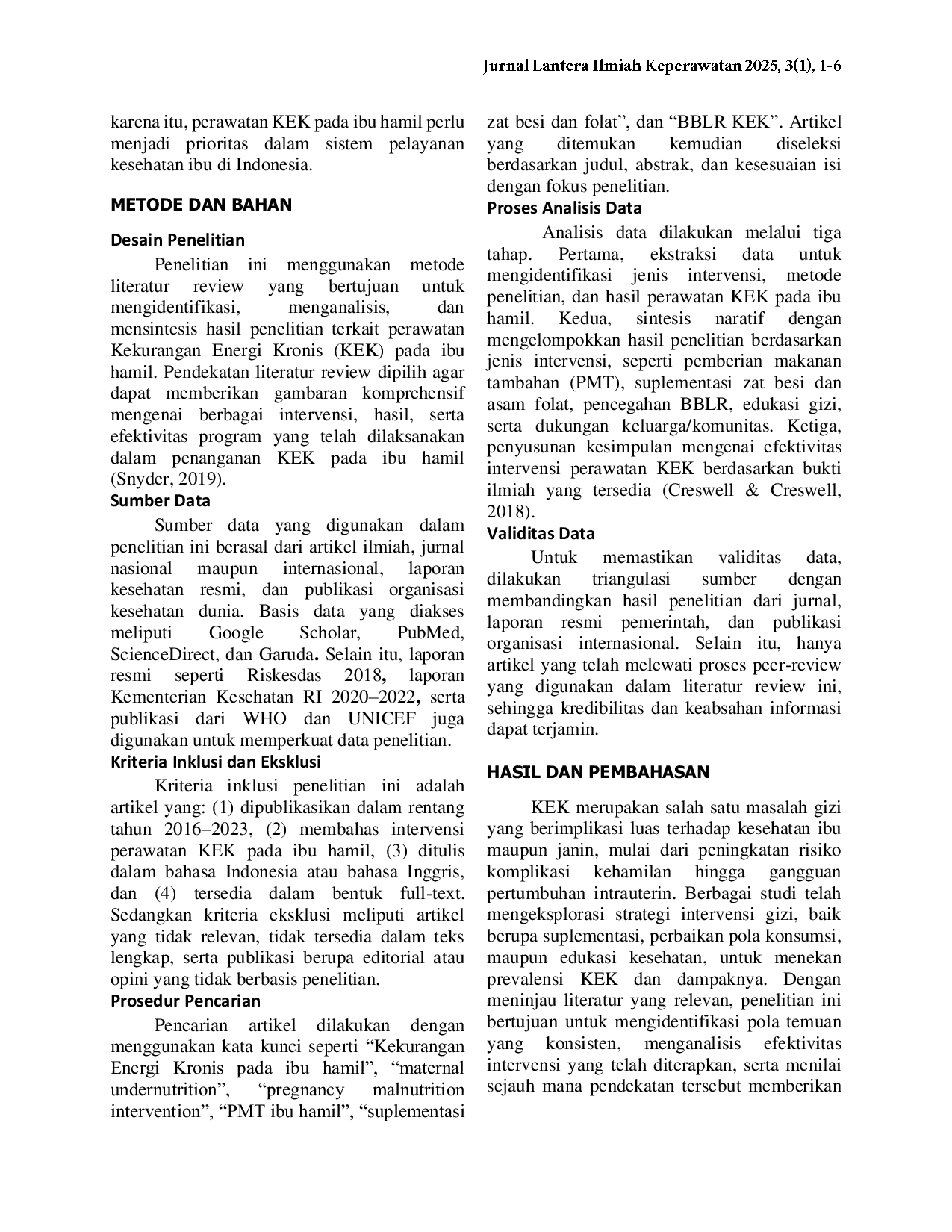 JURIS Intervensi Perawatan Ibu Hamil dengan Kekurangan Energi Kronis KEK Tinjauan Literatur