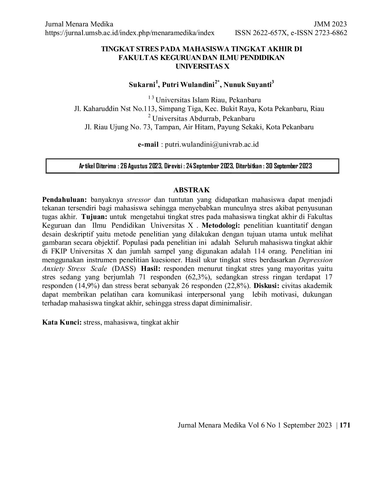 JURIS Tingkat Stres Pada Mahasiswa Tingkat Akhir Di Fakultas Keguruan Dan Ilmu Pendidikan Universitas X