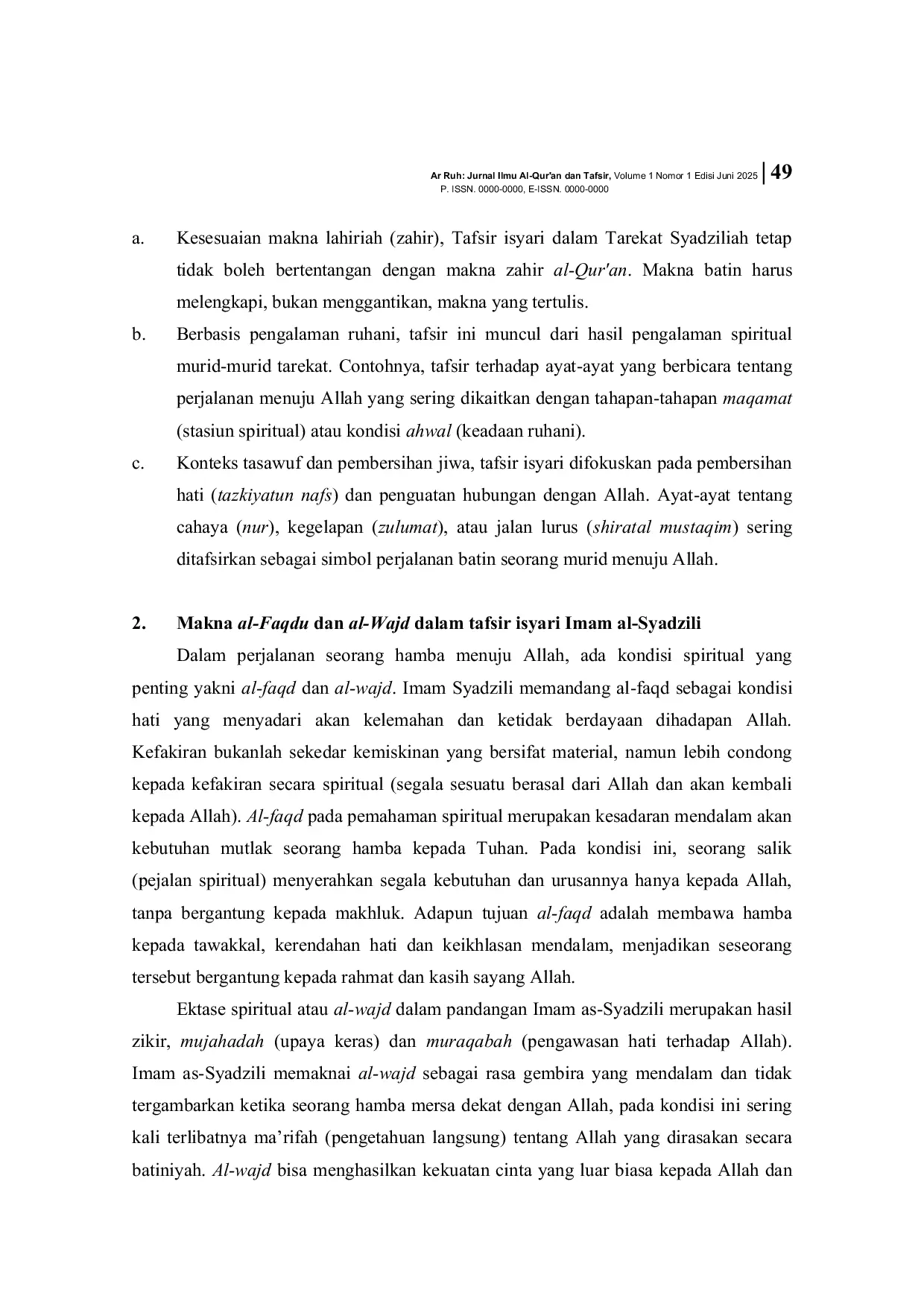 JURIS Tafsir Isyari dalam Tradisi Syadziliyah Analisis Al Faqdu dan Al Wajd