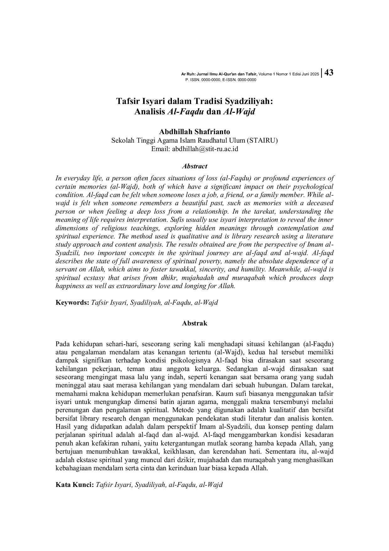 JURIS Tafsir Isyari dalam Tradisi Syadziliyah Analisis Al Faqdu dan Al Wajd