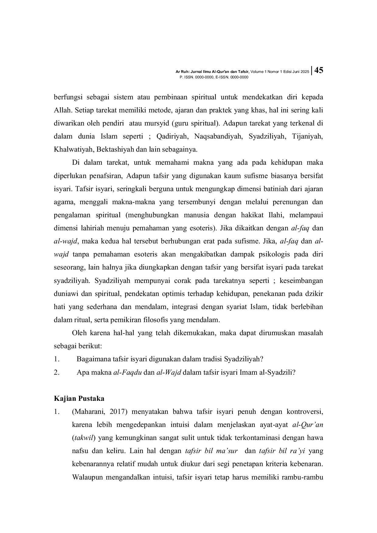 JURIS Tafsir Isyari dalam Tradisi Syadziliyah Analisis Al Faqdu dan Al Wajd