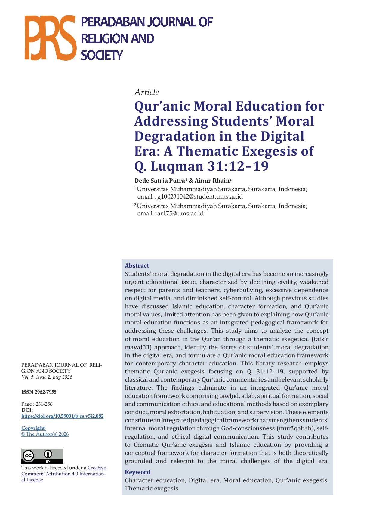 JURIS Qur anic Moral Education for Addressing Students Moral Degradation in the Digital Era