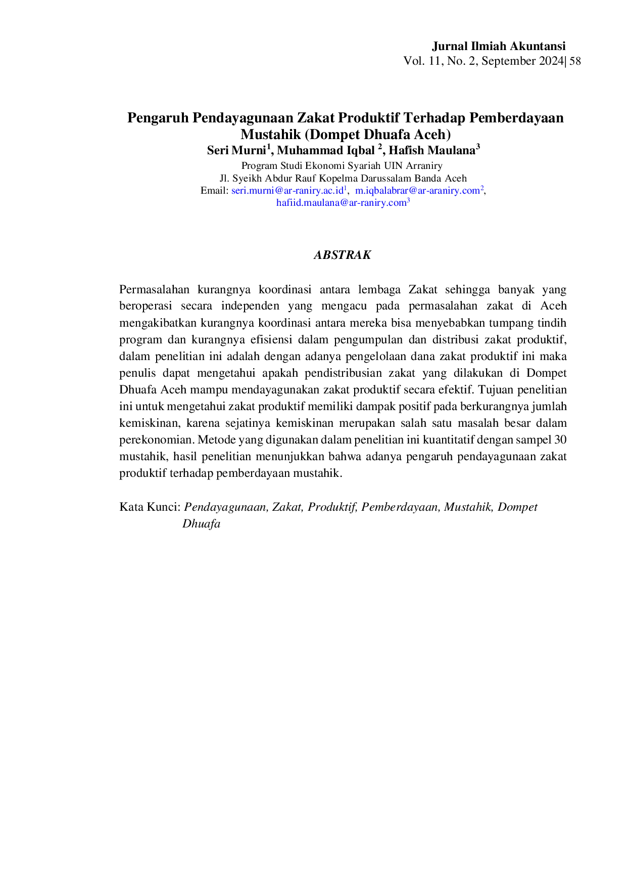 JURIS Pengaruh Pendayagunaan Zakat Produktif Terhadap Pemberdayaan Mustahik Dompet Dhuafa Aceh