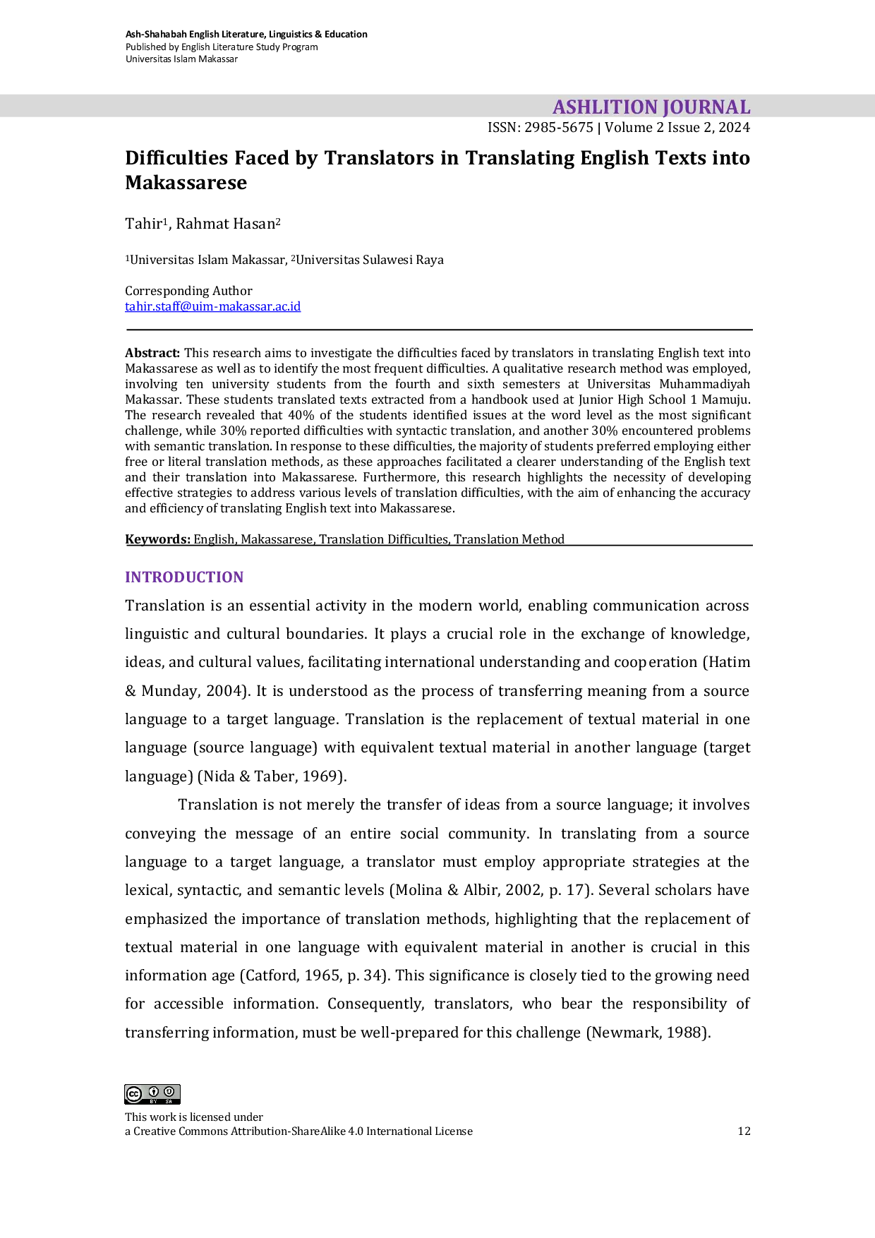JURIS Difficulties Faced by Translators in Translating English Texts into Makassarese