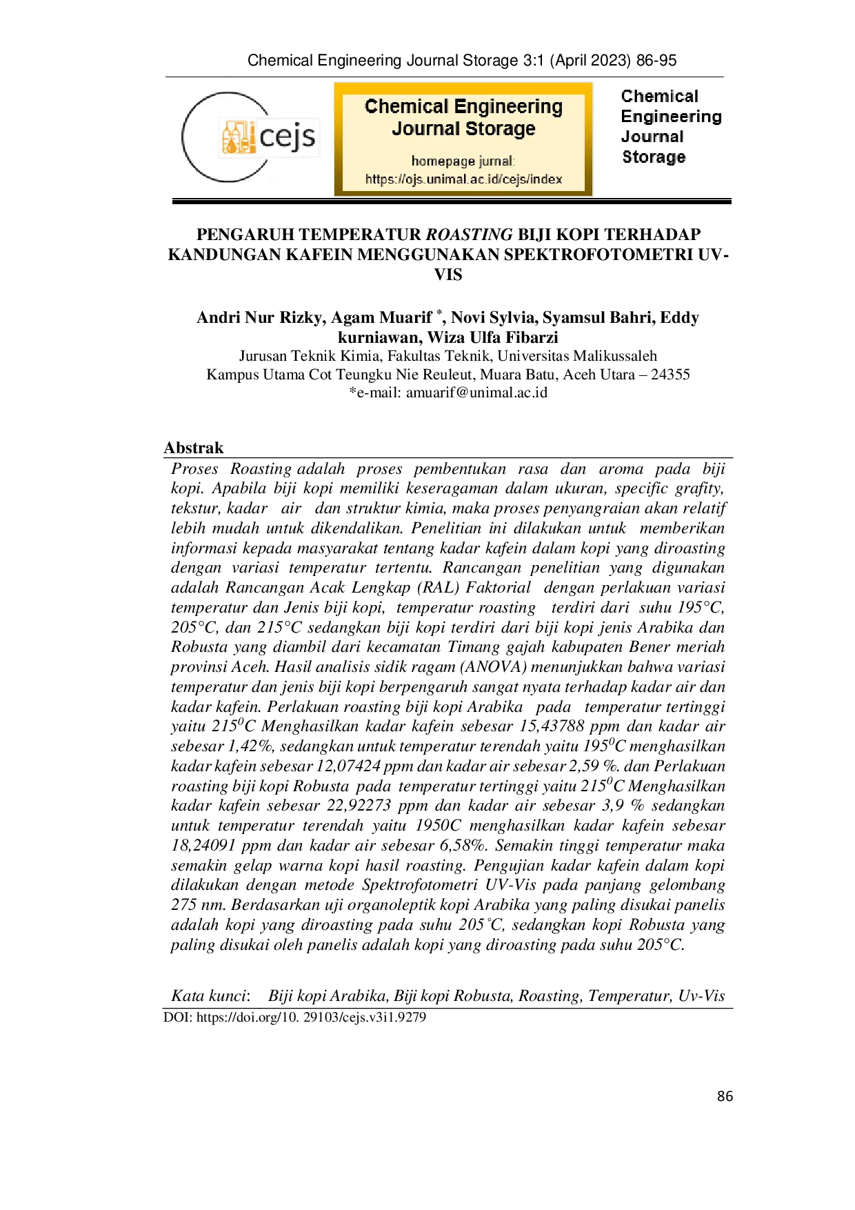 JURIS Pengaruh Temperatur Roasting Biji Kopi Terhadap Kandungan Kafein Menggunakan Spektrofotometri UV Vis