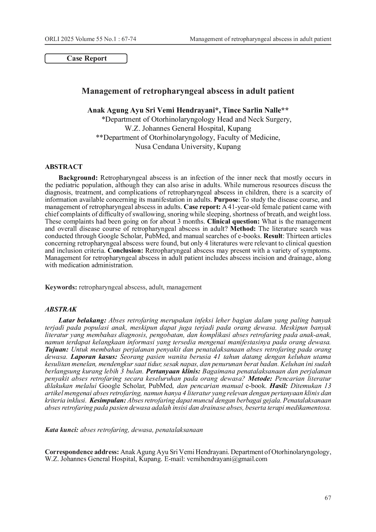JURIS Management Of Retropharyngeal Abscess In Adult Patient