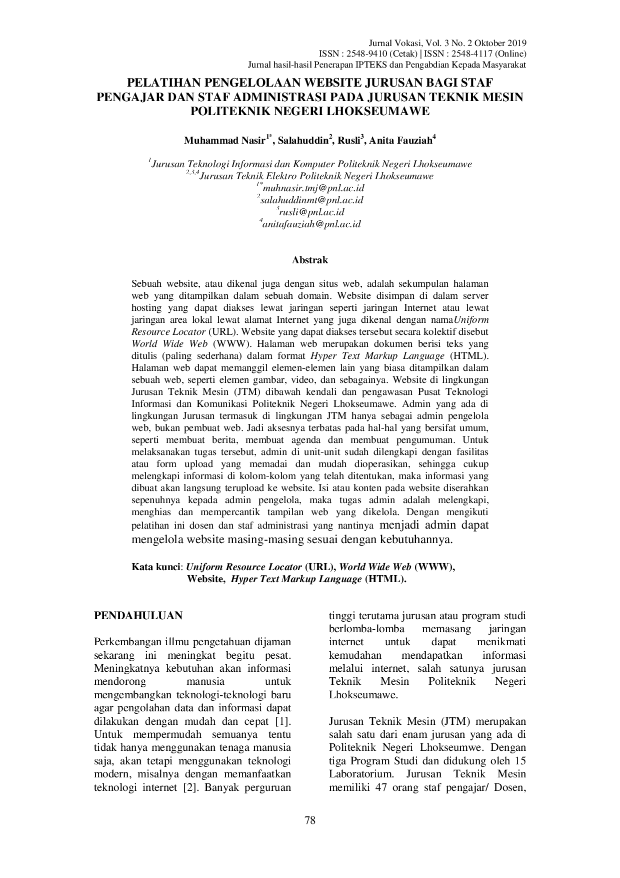 JURIS Pelatihan Pengelolaan Website Jurusan Bagi Staf Pengajar Dan Staf Administrasi Pada Jurusan Teknik Mesin Politeknik Negeri Lhokseumawe