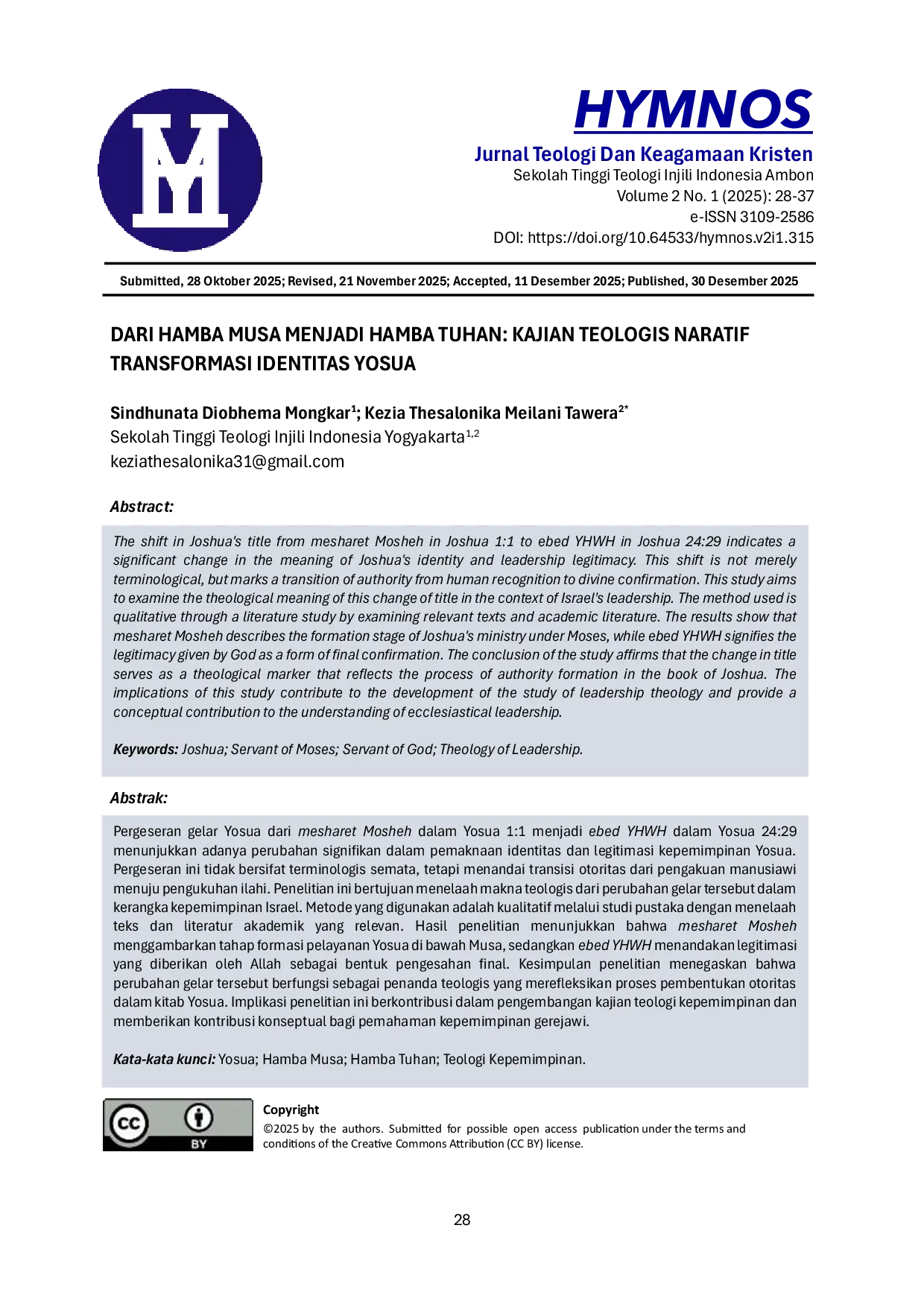 JURIS Dari Hamba Musa Menjadi Hamba Tuhan Kajian Teologis Naratif Transformasi Identitas Yosua