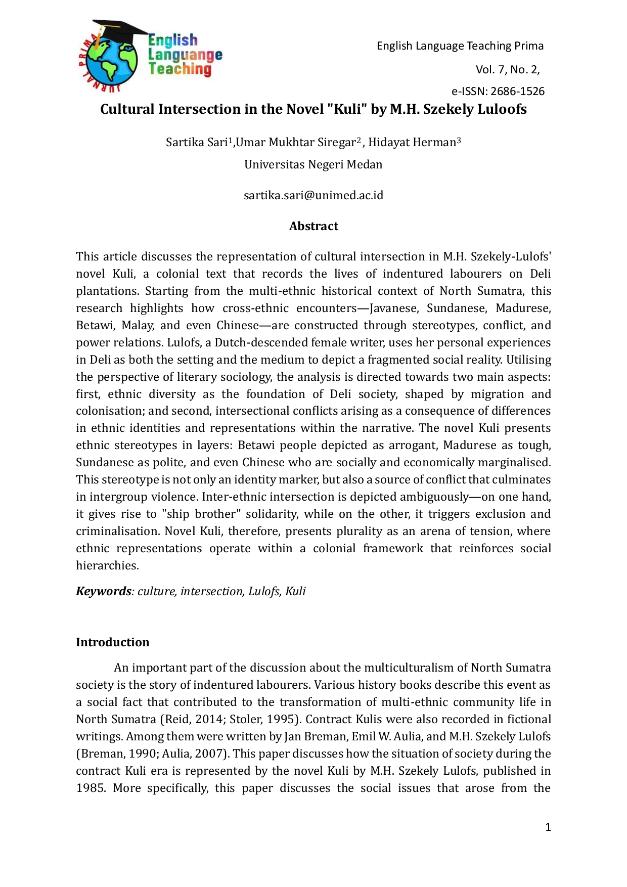 JURIS Cultural Intersection in the Novel Kuli by M H Szekely Luloofs