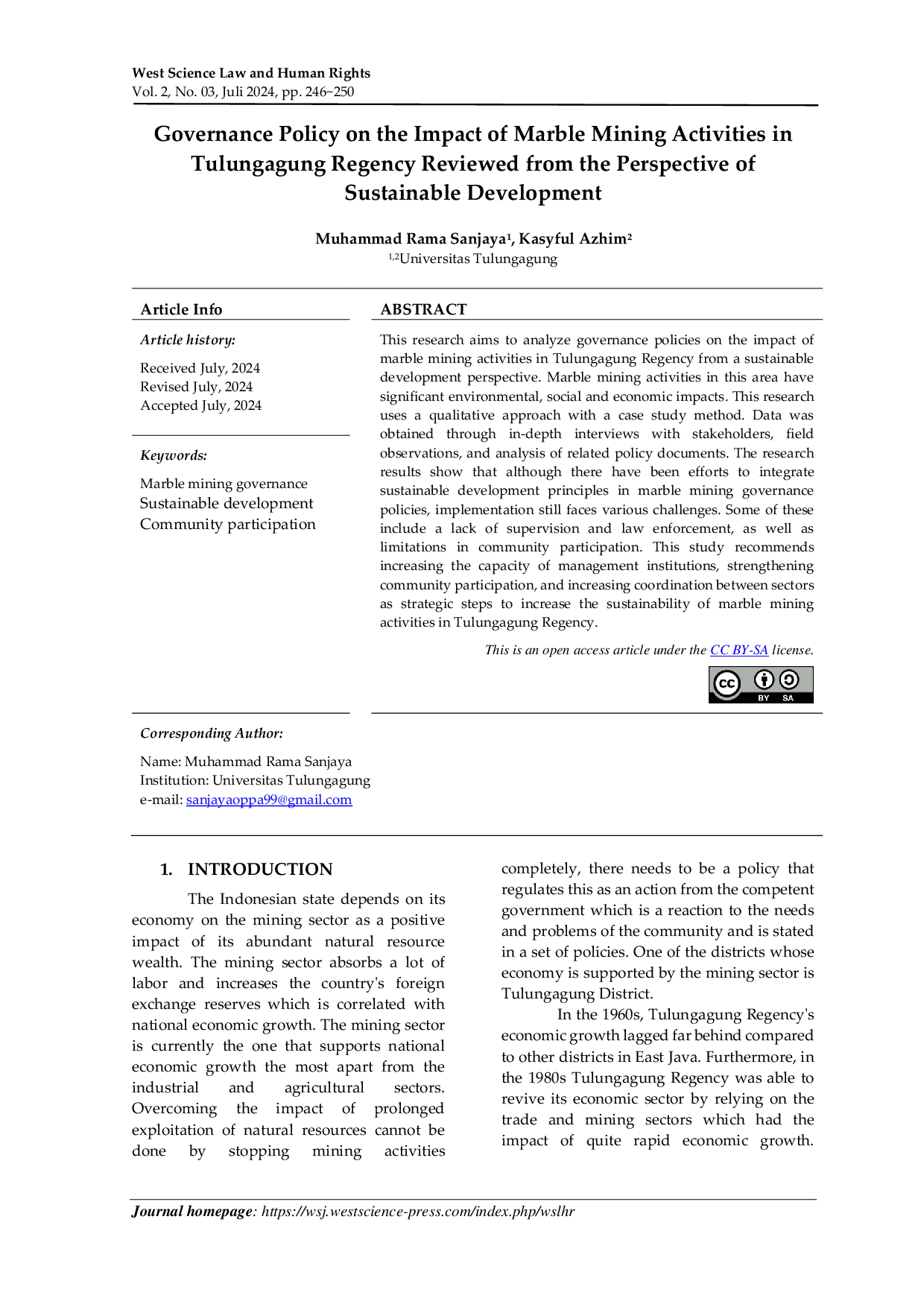 JURIS Governance Policy on The Impact of Marble Mining Activities in Tulungagung Regency Reviewed from the Perspective of Sustainable Development