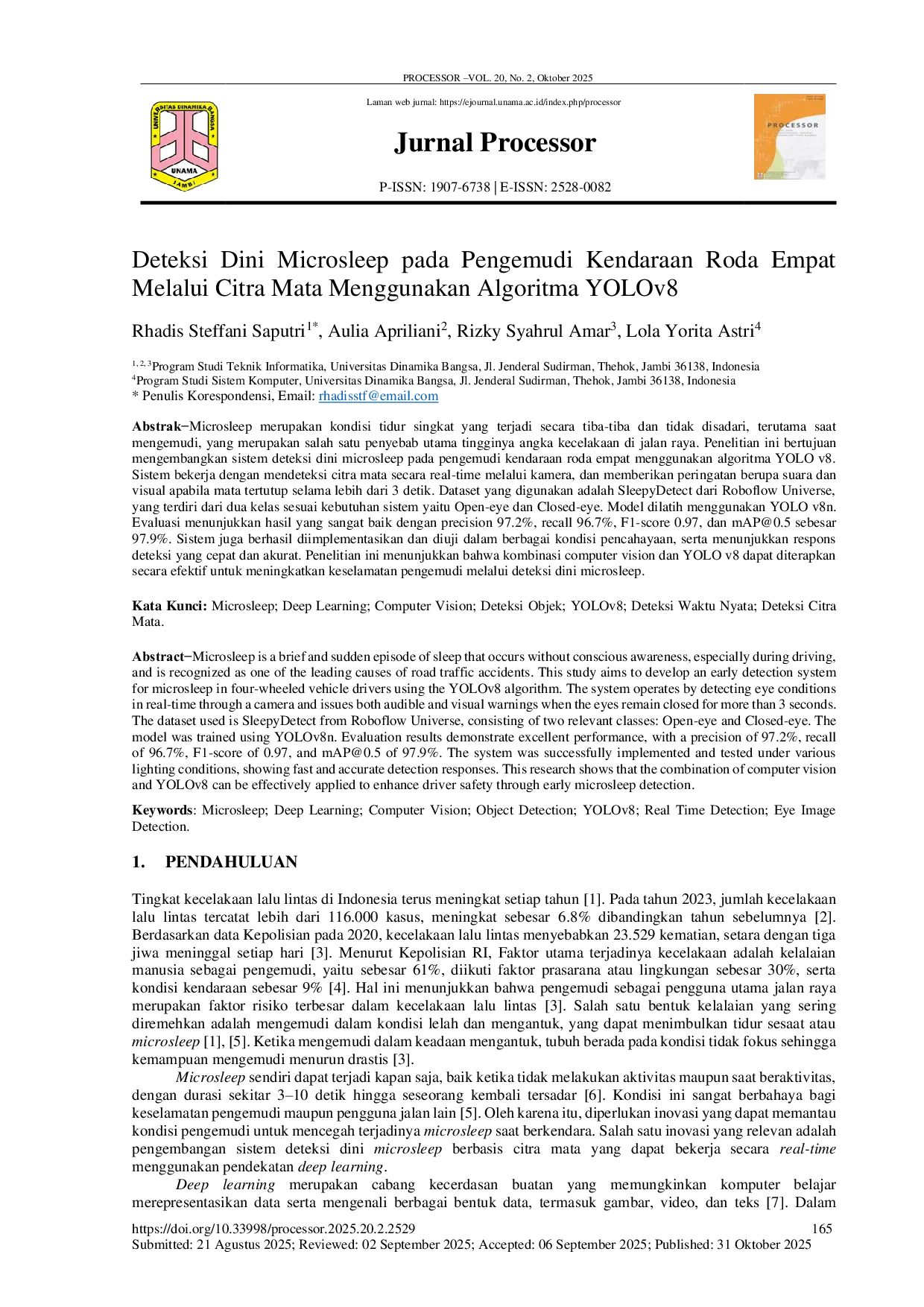 JURIS Deteksi Dini Microsleep Pada Pengemudi Kendaraan Roda Empat Melalui Citra Mata Menggunakan Algoritma YOLOv8