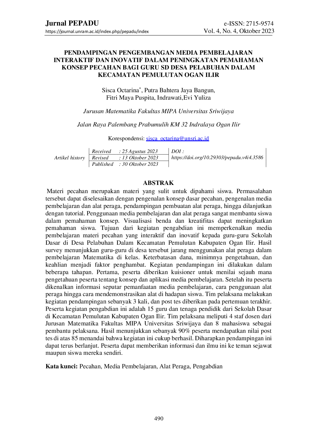 JURIS Pendampingan Pengembangan Media Pembelajaran Interaktif Dan Inovatif Dalam Peningkatan Pemahaman Konsep Pecahan Bagi Guru Sd Desa Pelabuhan Dalam Kecamatan Pemulutan Ogan Ilir