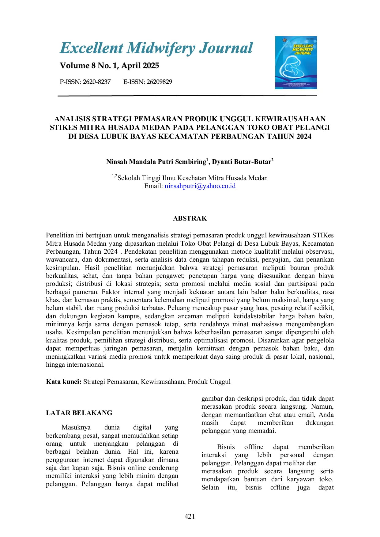 JURIS Analisis Strategi Pemasaran Produk Unggul Kewirausahaan Stikes Mitra Husada Medan Pada Pelanggan Toko Obat Pelangi Di Desa Lubuk Bayas Kecamatan Perbaungan Tahun 2024