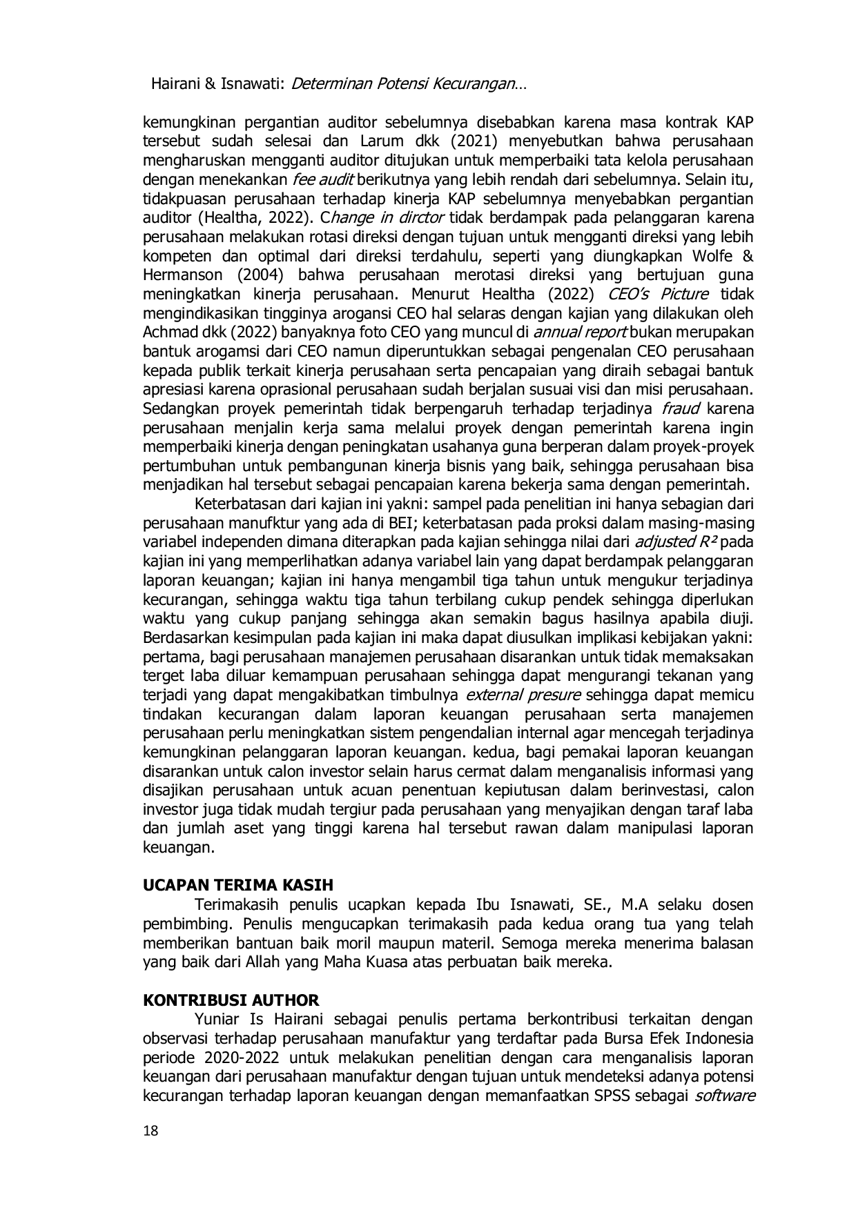 JURIS Determinan Potensi Kecurangan Laporan Keuangan di Indonesia Studi Empiris pada Perusahaan Manufaktur yang Terdaftar di Bursa Efek Indonesia periode 2020 2022