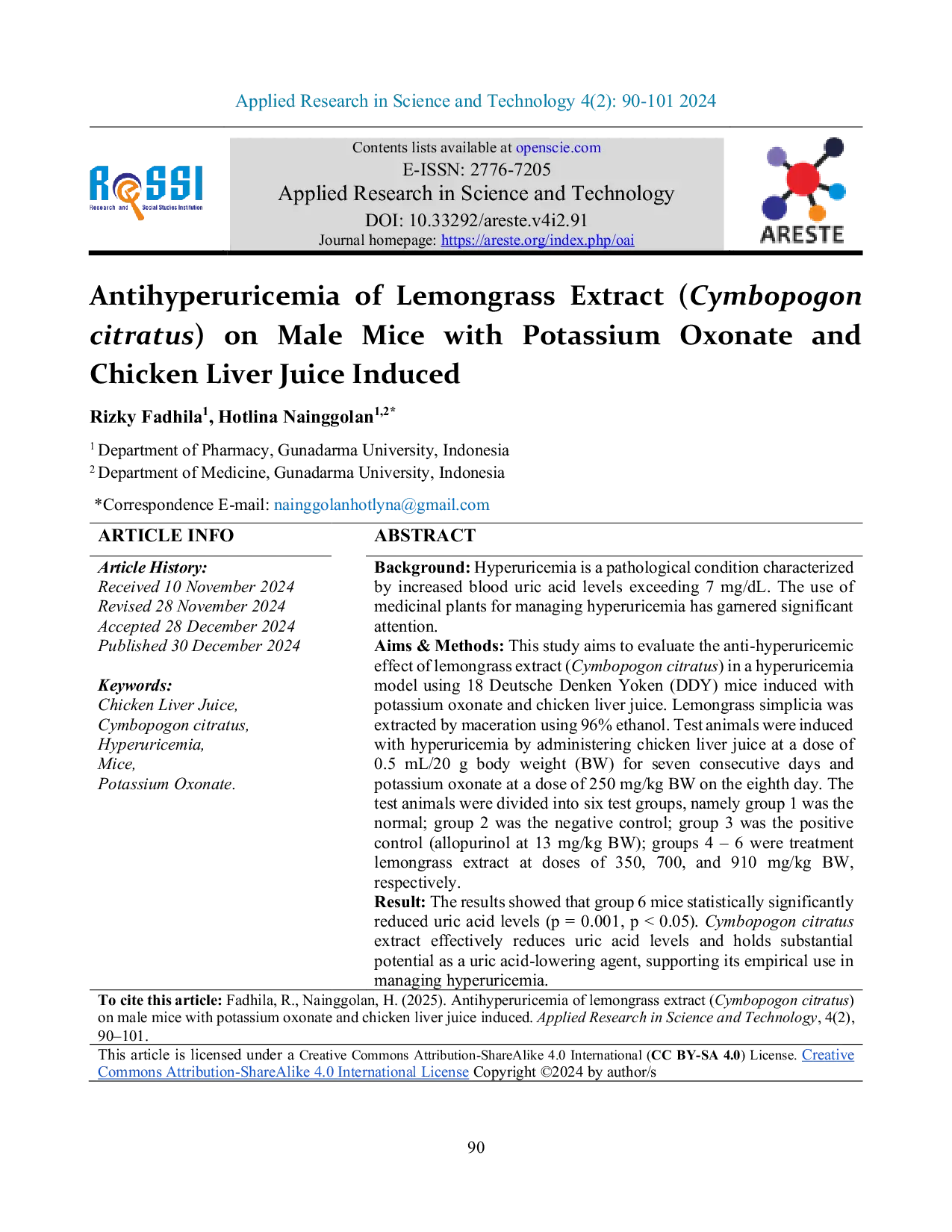 JURIS Antihyperuricemia of Lemongrass Extract Cymbopogon citratus on Male Mice with Potassium Oxonate and Chicken Liver Juice Induced