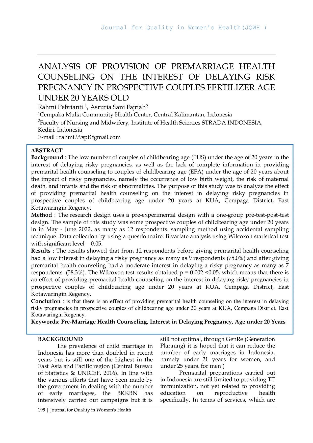 JURIS Analisis Penyediaan Konseling Kesehatan Prapernikahan Terhadap Minat Menunda Kehamilan Berisiko pada Pasangan Calon Usia Subur di Bawah 20 Tahun