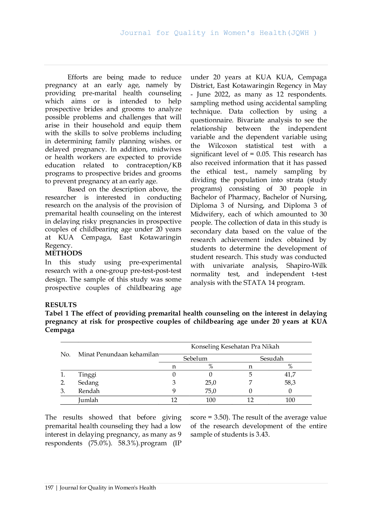 JURIS Analisis Penyediaan Konseling Kesehatan Prapernikahan Terhadap Minat Menunda Kehamilan Berisiko pada Pasangan Calon Usia Subur di Bawah 20 Tahun