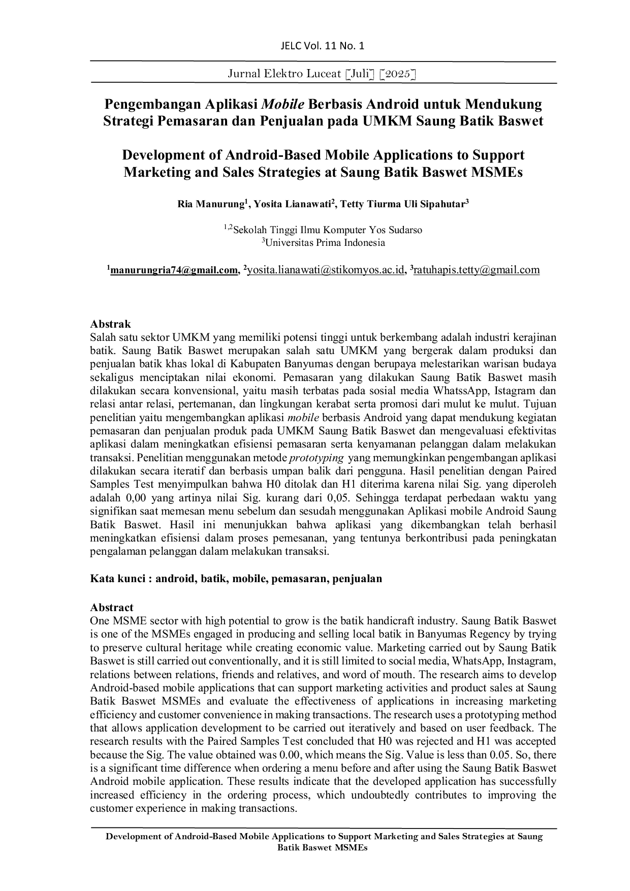 JURIS Pengembangan Aplikasi Mobile Berbasis Android untuk Mendukung Strategi Pemasaran dan Penjualan pada UMKM Saung Batik Baswet