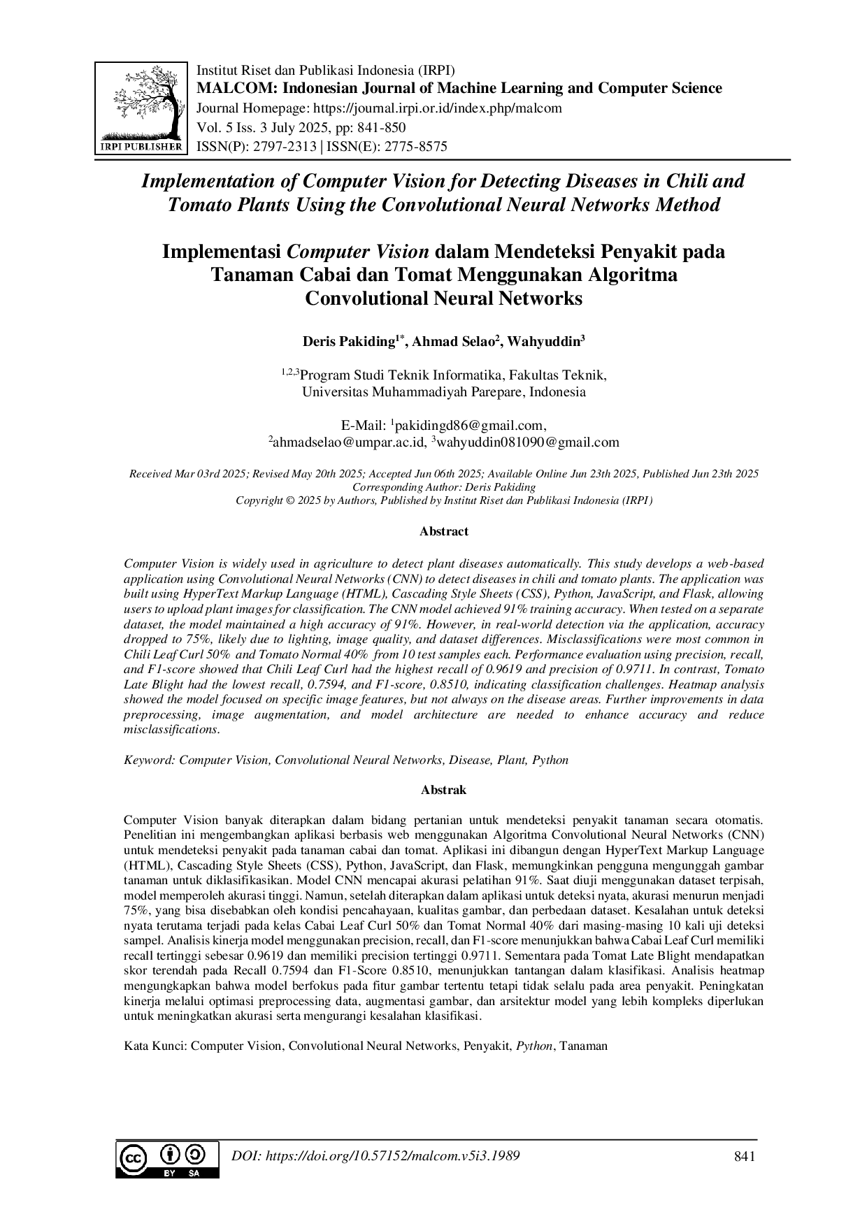 juris Implementasi Computer Vision dalam Mendeteksi Penyakit pada Tanaman Cabai dan Tomat Menggunakan Algoritma Convolutional Neural Networks