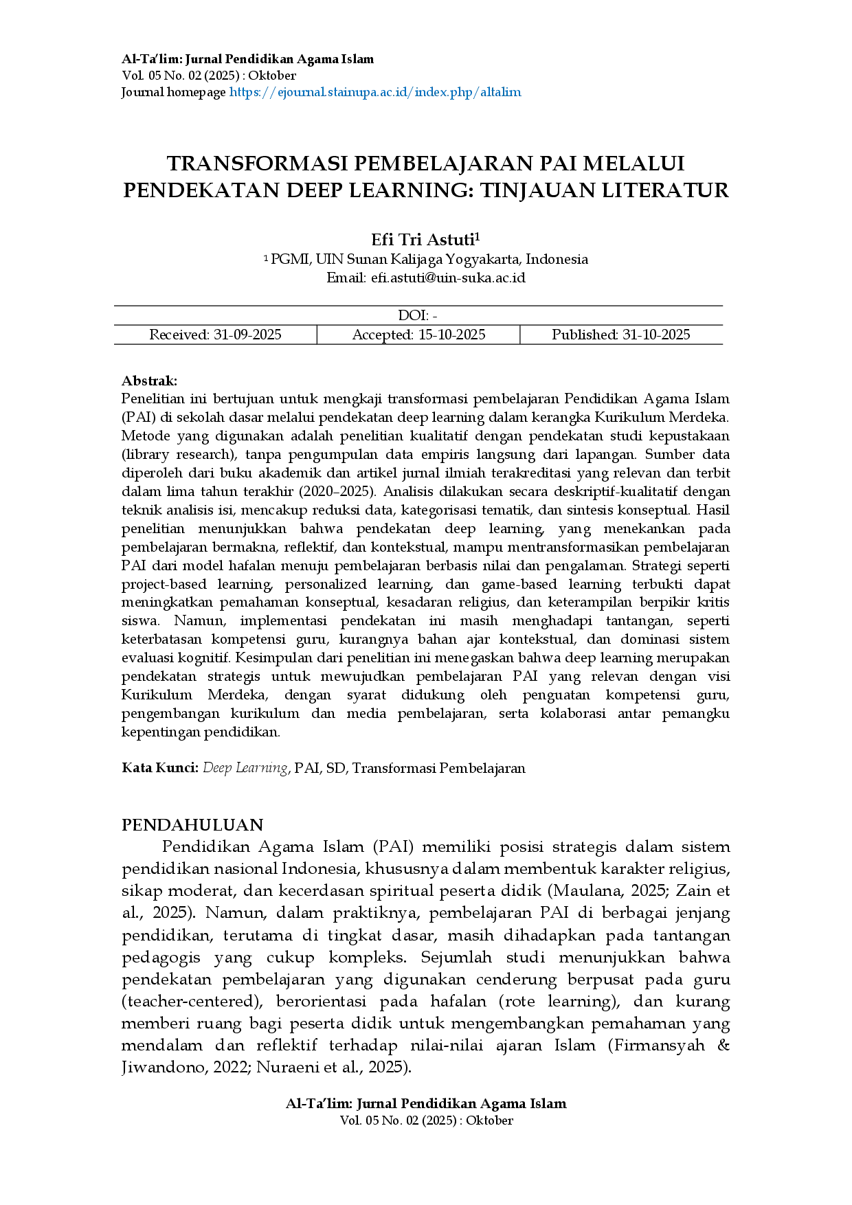 juris Transformasi Pembelajaran PAI Melalui Pendekatan Deep Learning Tinjauan Literatur