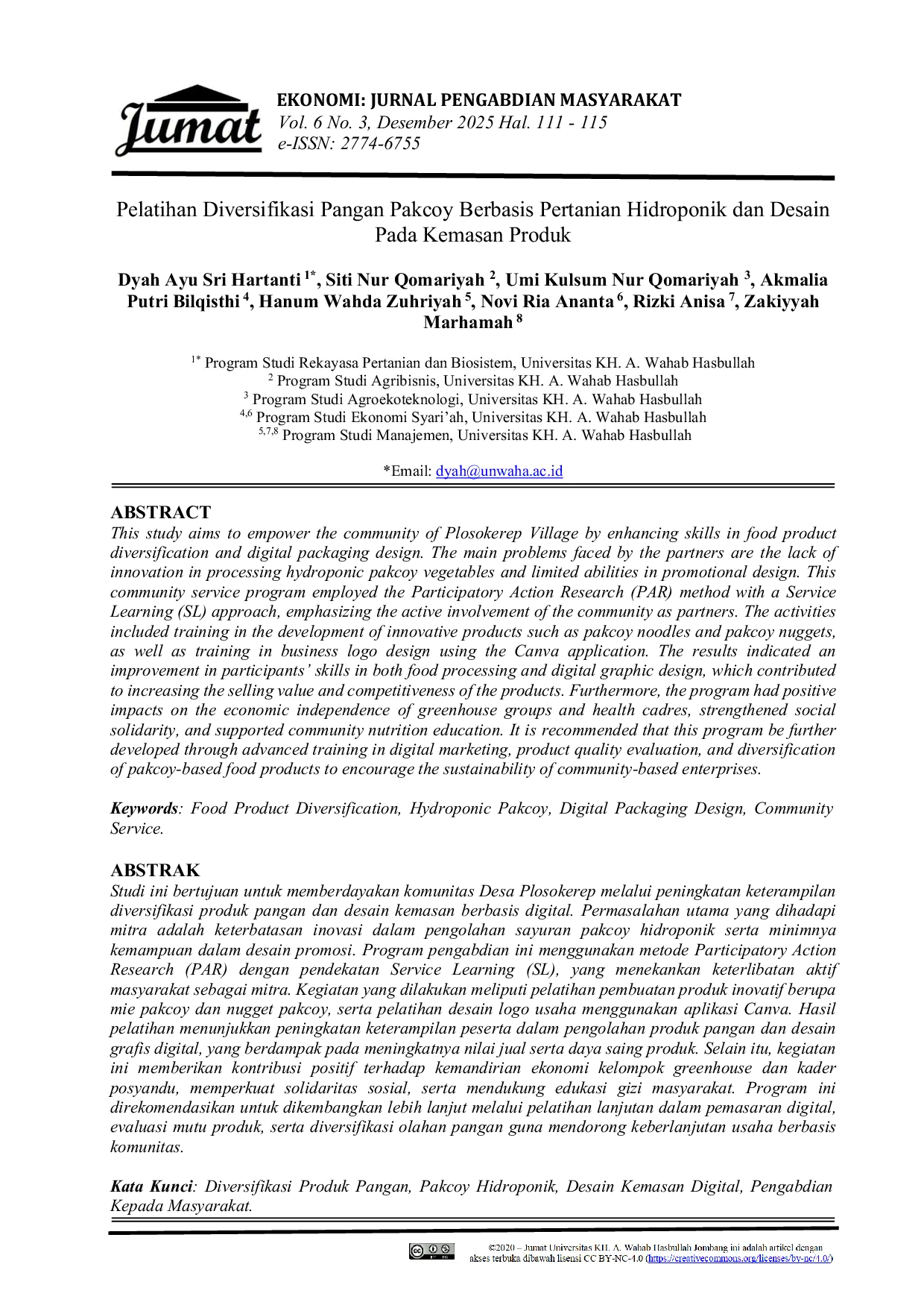 JURIS Pelatihan Diversifikasi Pangan Pakcoy Berbasis Pertanian Hidroponik dan Desain Pada Kemasan Produk