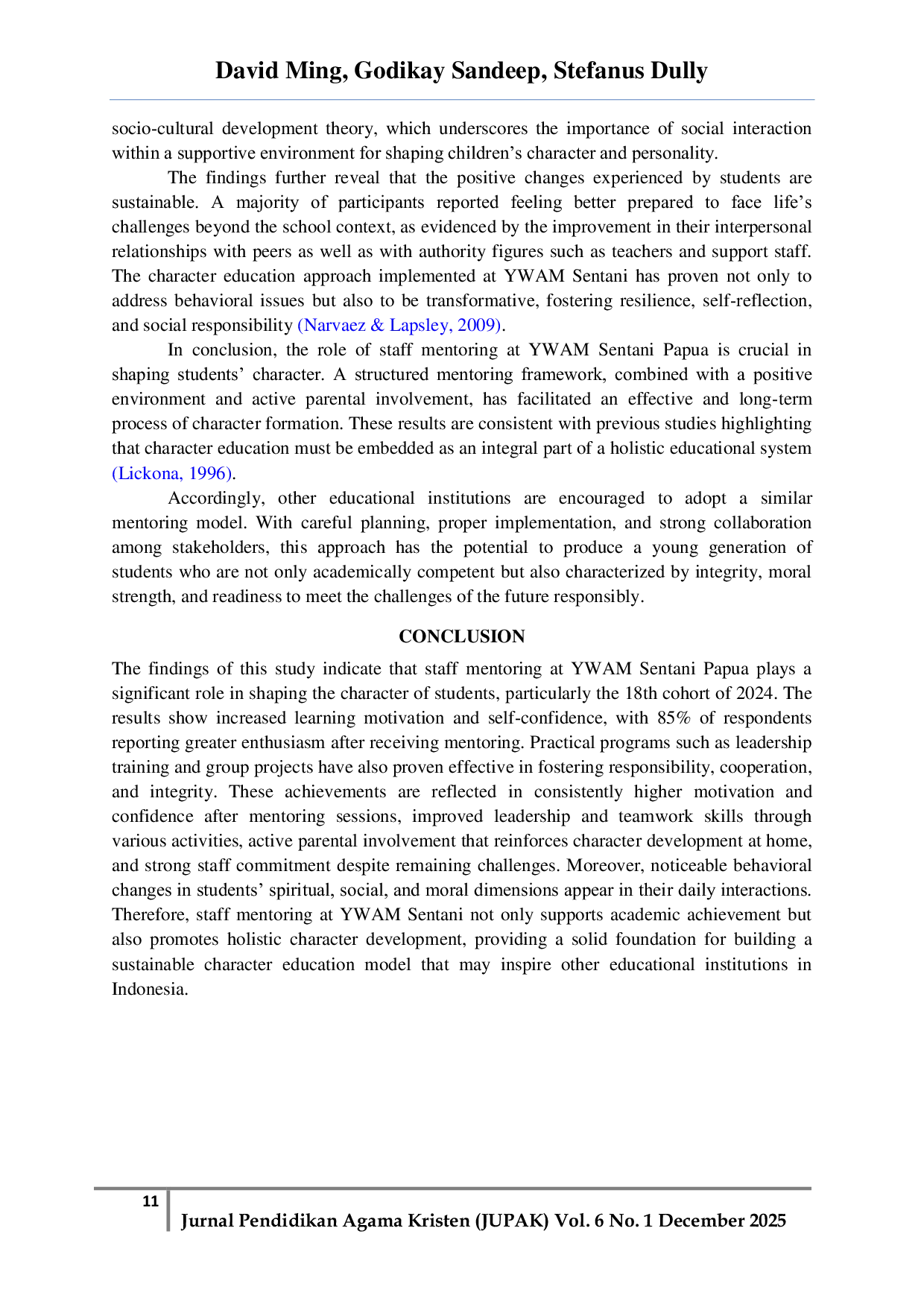 JURIS Optimizing Staff Mentoring in Character Formation of Students in the Discipleship Program at YWAM Sentani Papua