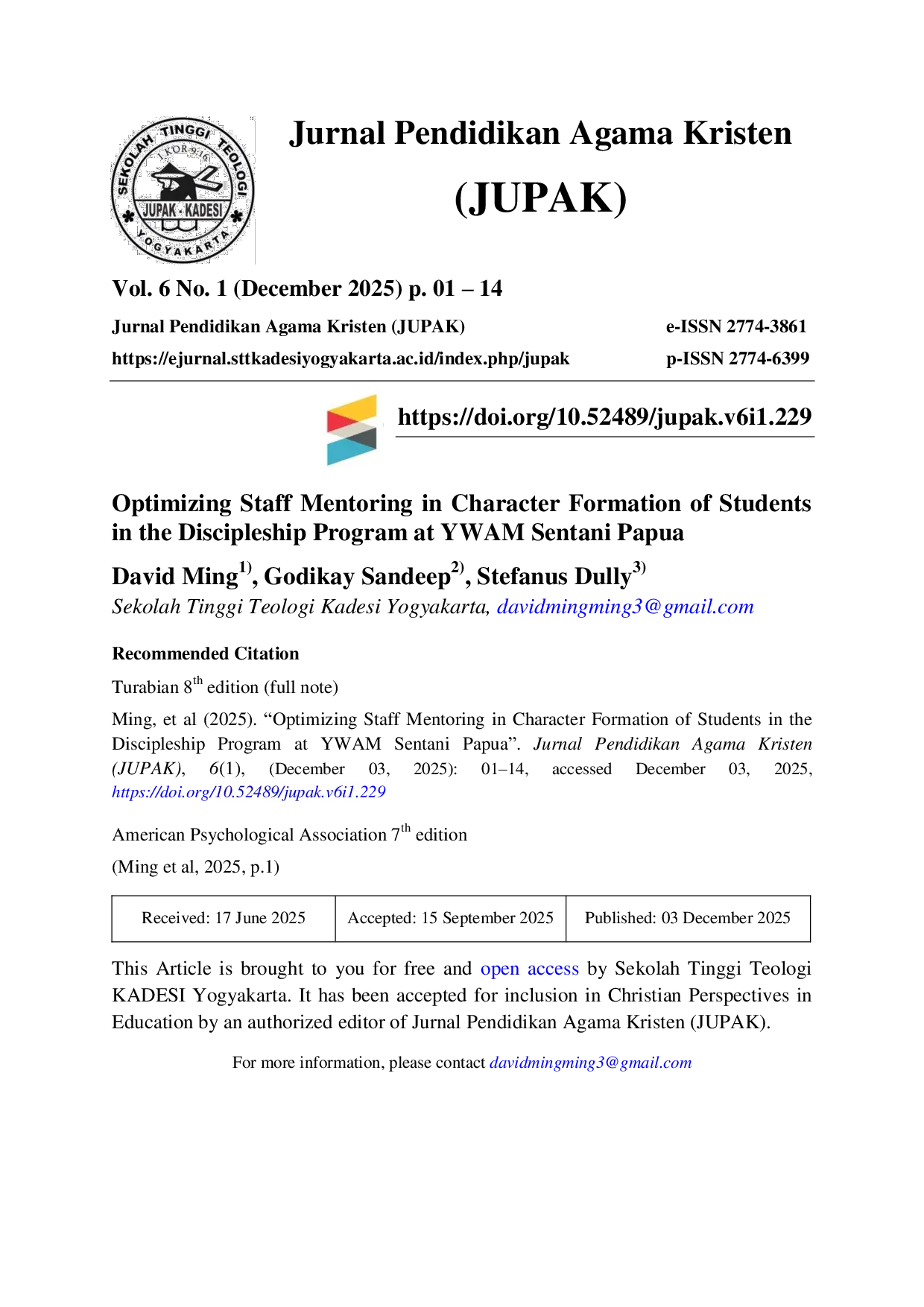 JURIS Optimizing Staff Mentoring in Character Formation of Students in the Discipleship Program at YWAM Sentani Papua