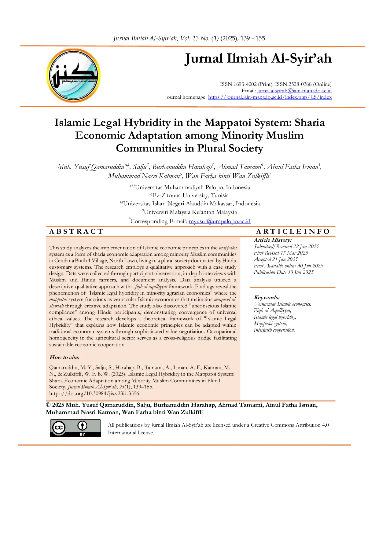 JURIS Islamic Legal Hybridity in the Mappatoi System Sharia Economic Adaptation among Minority Muslim Communities in Plural Society