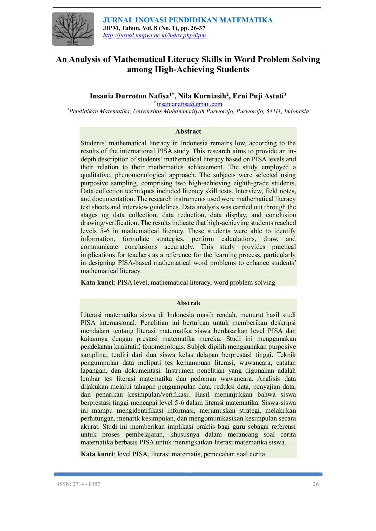 JURIS An Analysis of Mathematical Literacy Skills in Word Problem Solving Among High Achieving Students