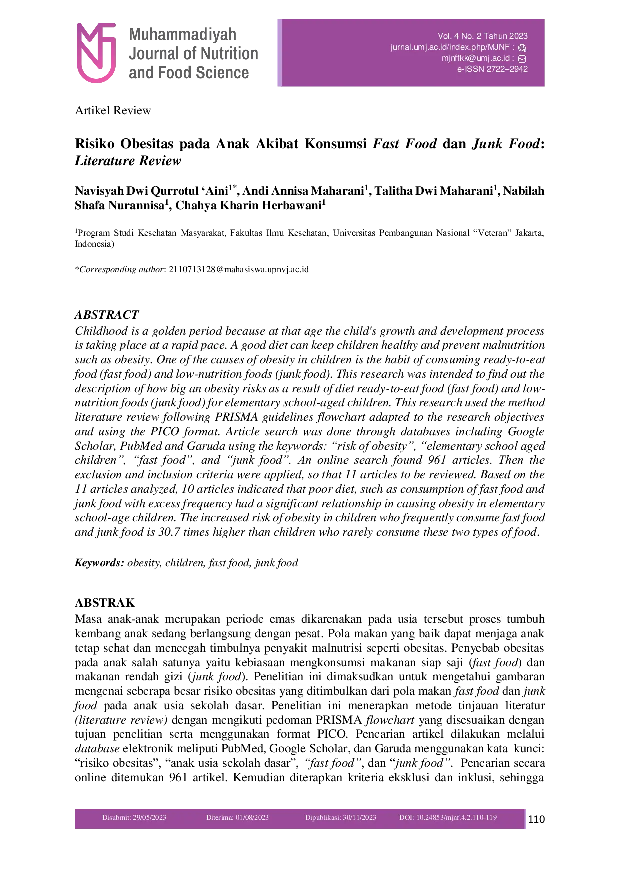 JURIS Risiko Obesitas pada Anak Akibat Konsumsi Fast Food dan Junk Food Literature Review