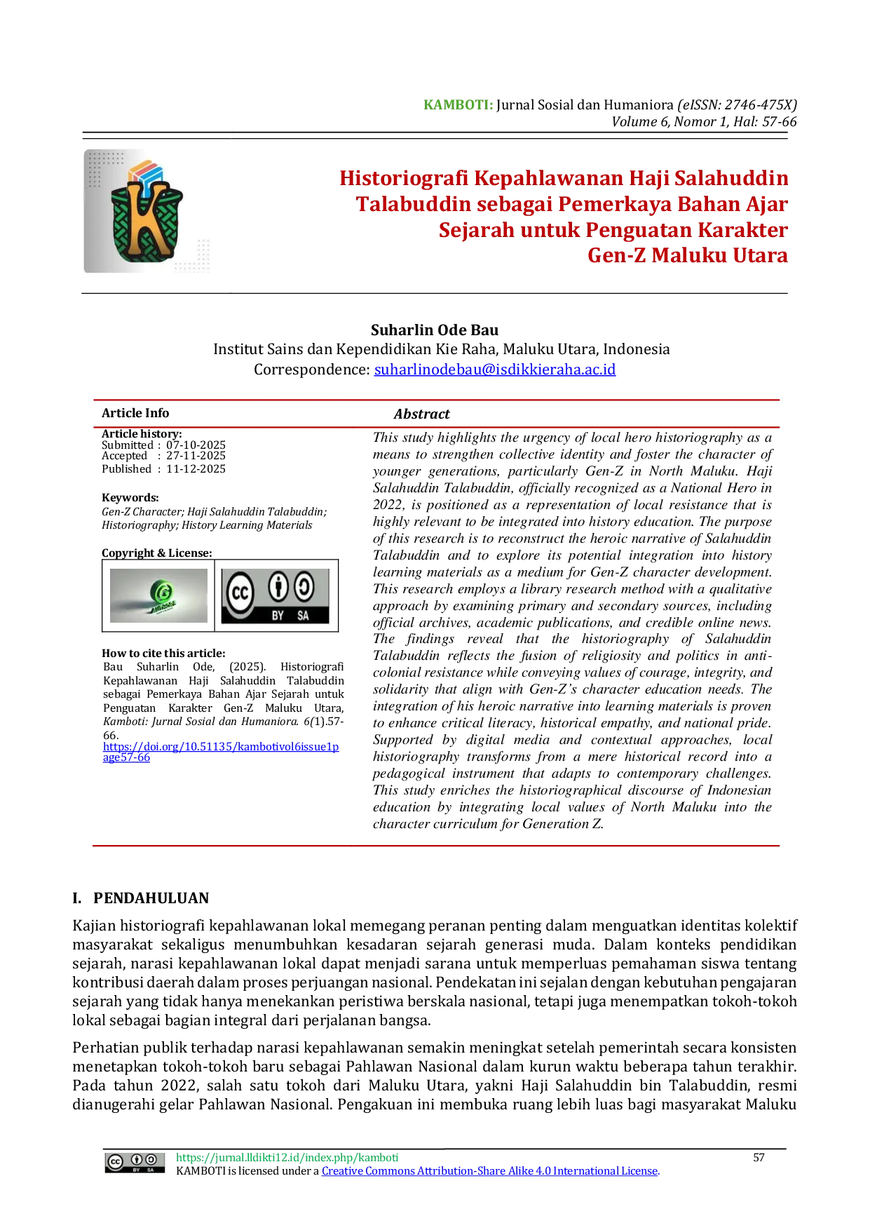 JURIS Historiografi Kepahlawanan Haji Salahuddin Talabuddin sebagai Pemerkaya Bahan Ajar Sejarah untuk Penguatan Karakter Gen Z Maluku Utara
