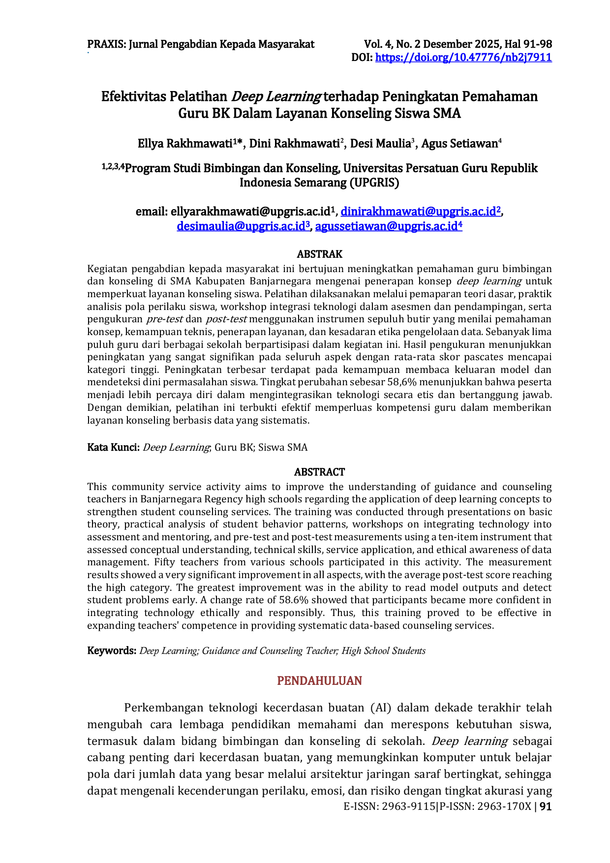 JURIS Efektivitas Pelatihan Deep Learning terhadap Peningkatan Pemahaman Guru BK Dalam Layanan Konseling Siswa SMA
